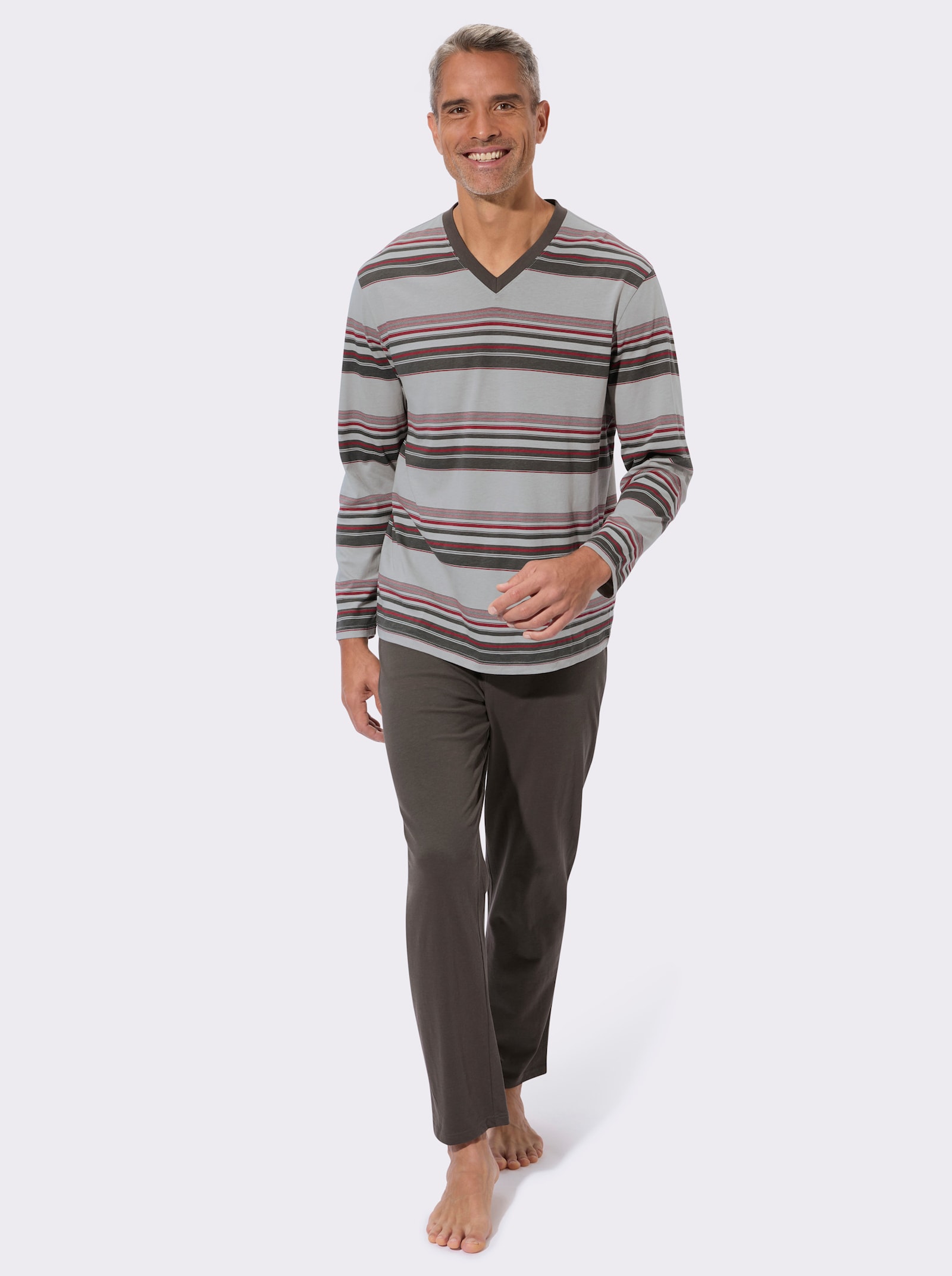 Pyžamo s rebrovaným výstrihom do V. - Striebrosivo-grafitové pruhy