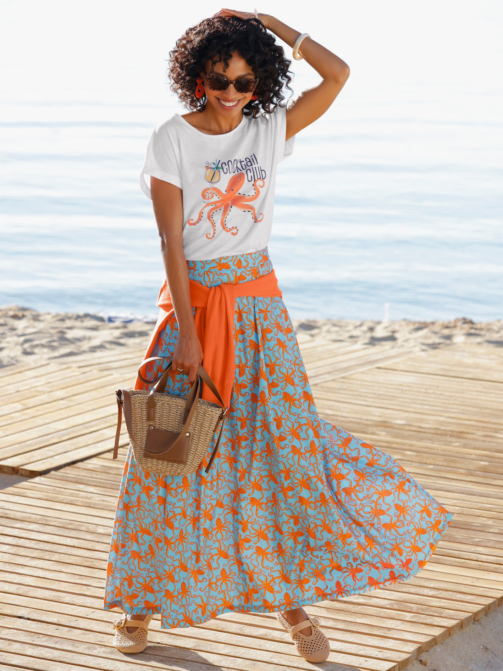heine Kurzarmshirt mit Kraken-Motiv - weiß-orange-bedruckt