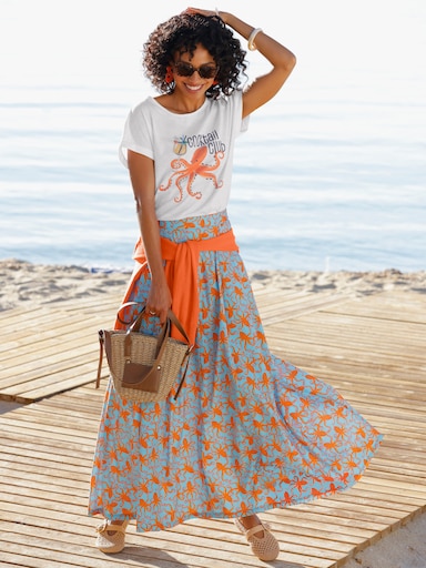 heine Kurzarmshirt mit Kraken-Motiv - weiß-orange-bedruckt
