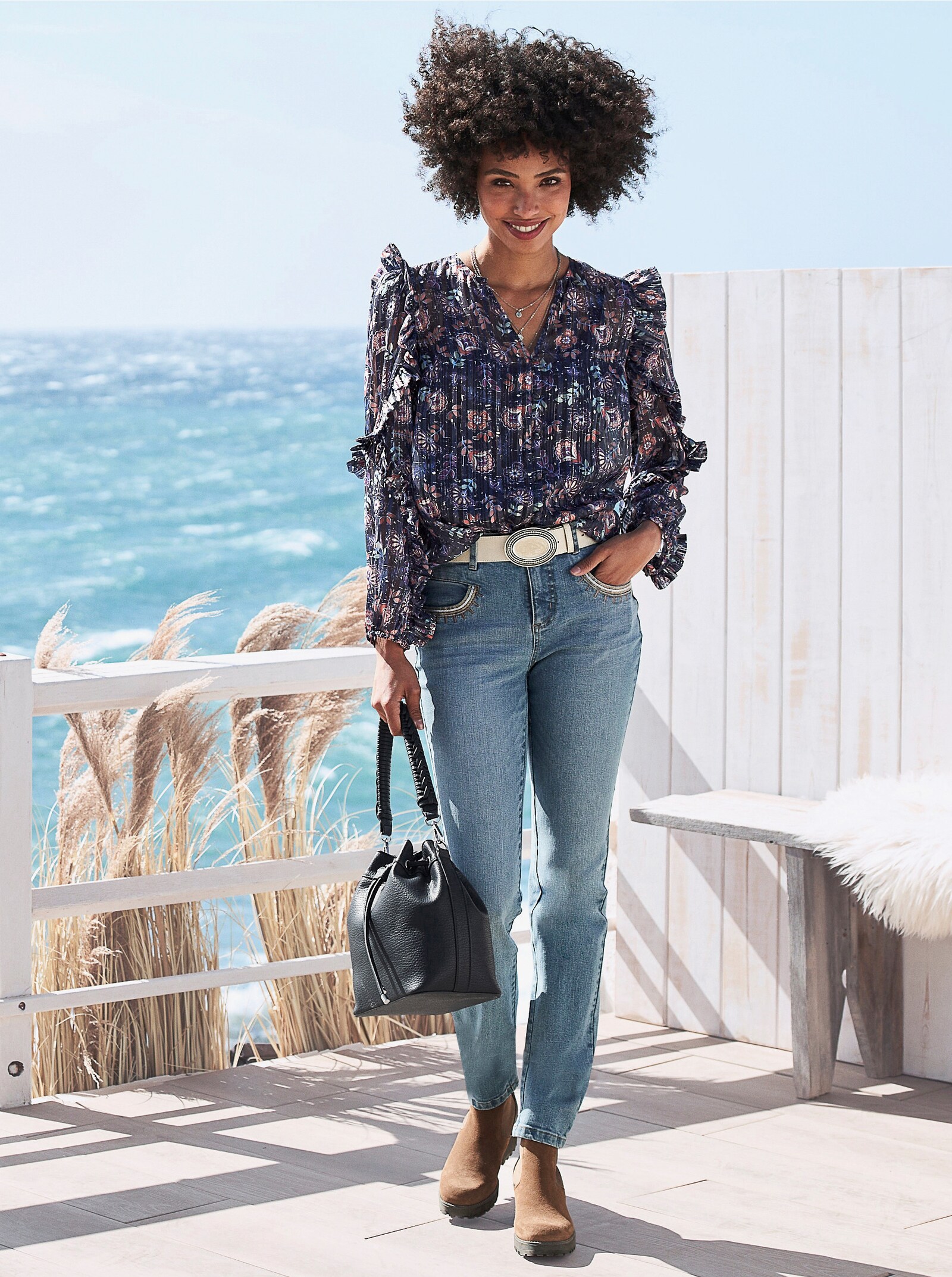 heine Blouse met print en ondoorzichtige top - marine/middenblauw bedrukt