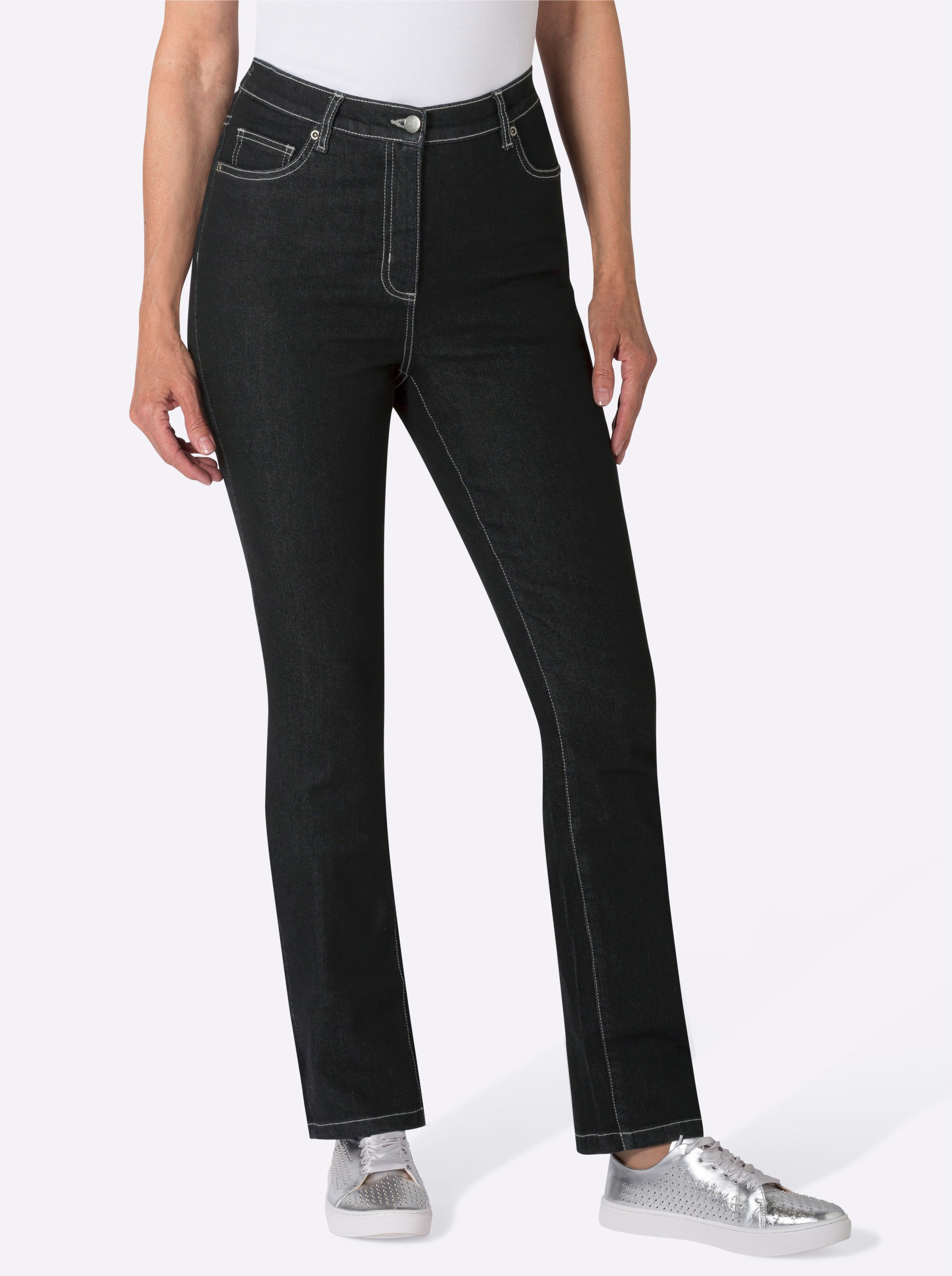 Witt Damen 5-Pocket-Jeans mit Stickerei-Motiv, black-denim