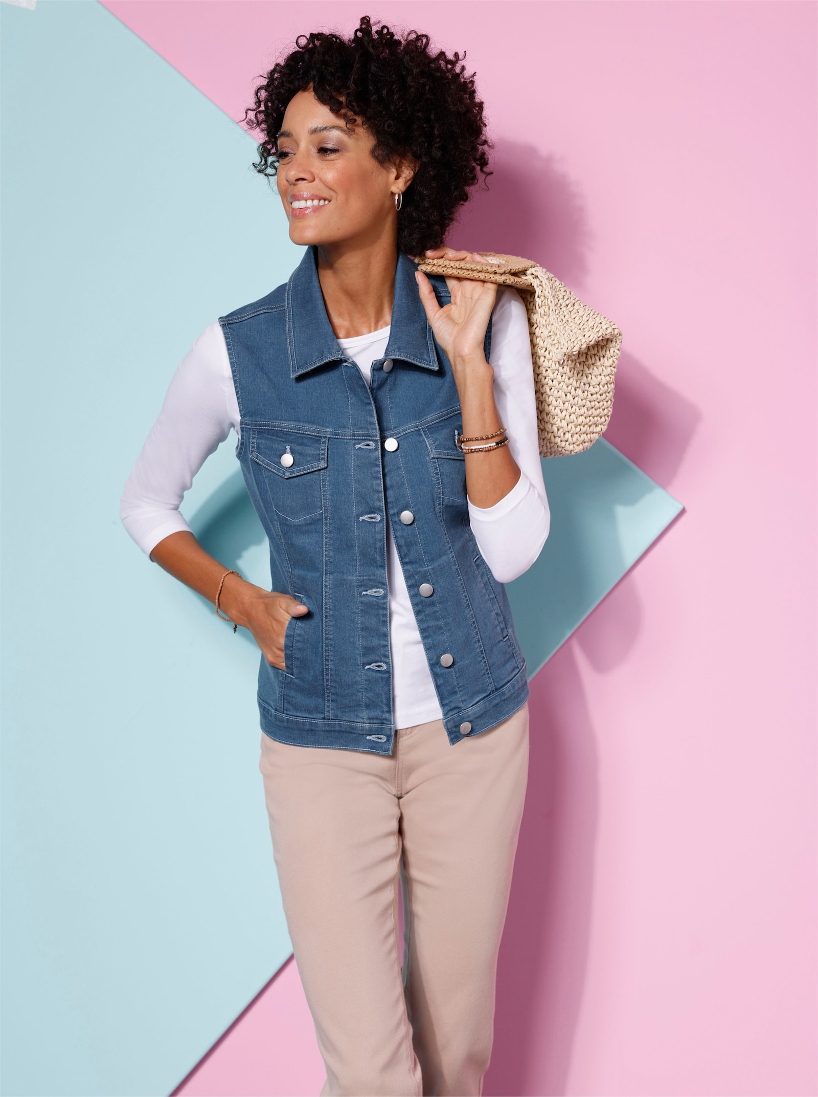 Jeansgilet met opgestikte klepzakken - blue-bleached