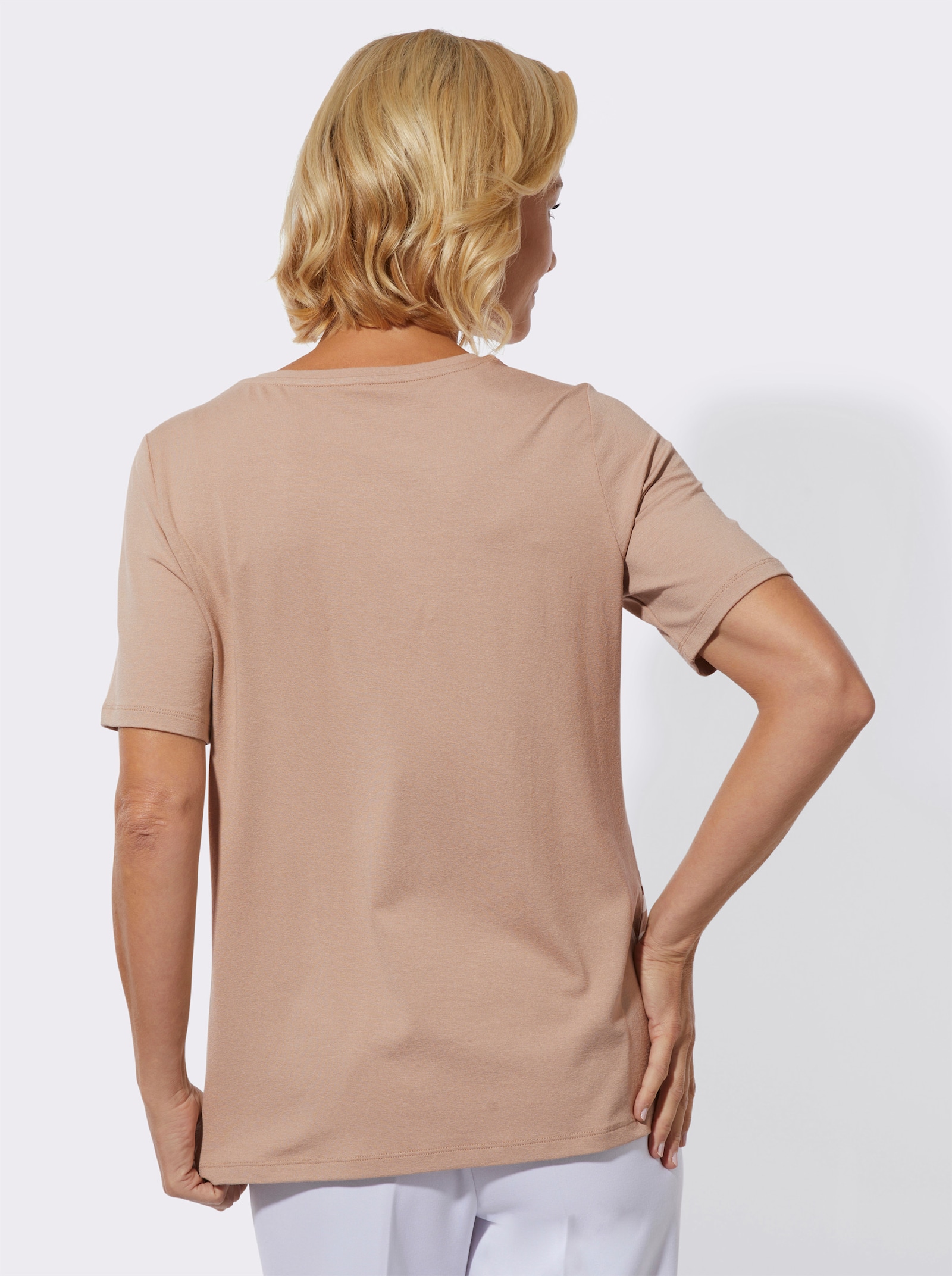 Rundhalsshirt mit Glitzersteinchen - sesam-ecru-bedruckt