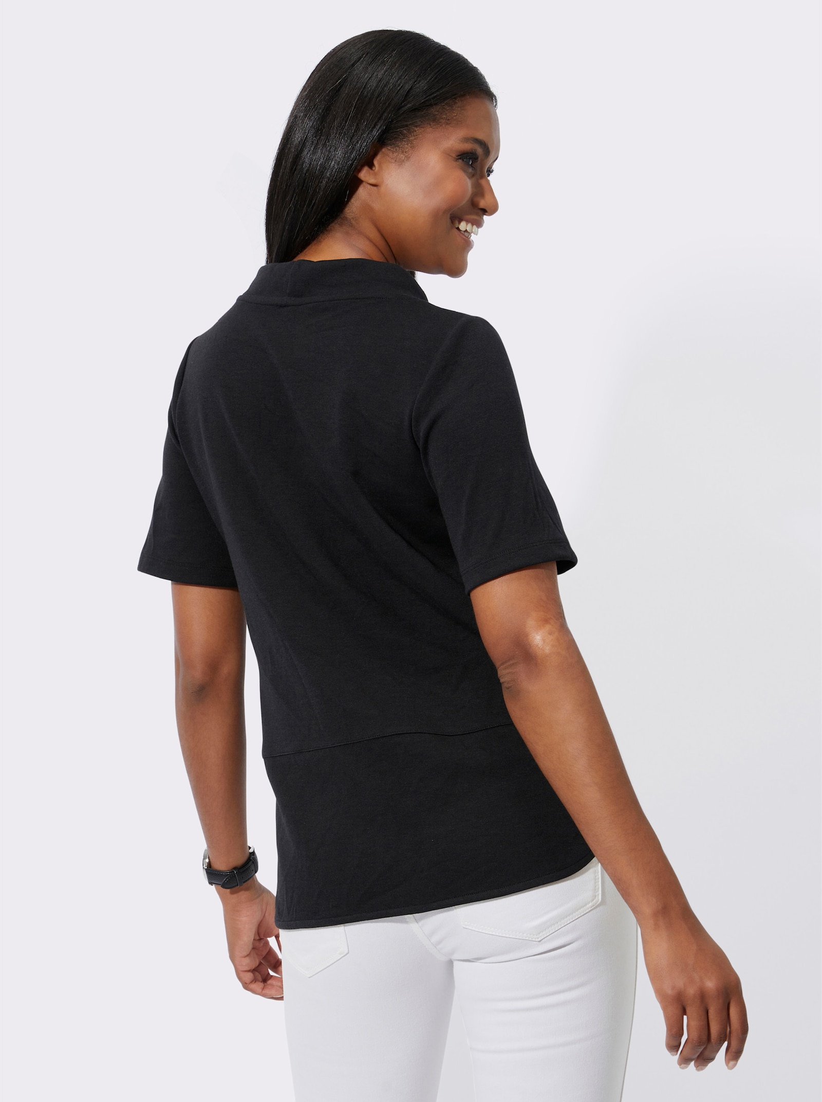 Kurzarmshirt mit Stehkragen - schwarz