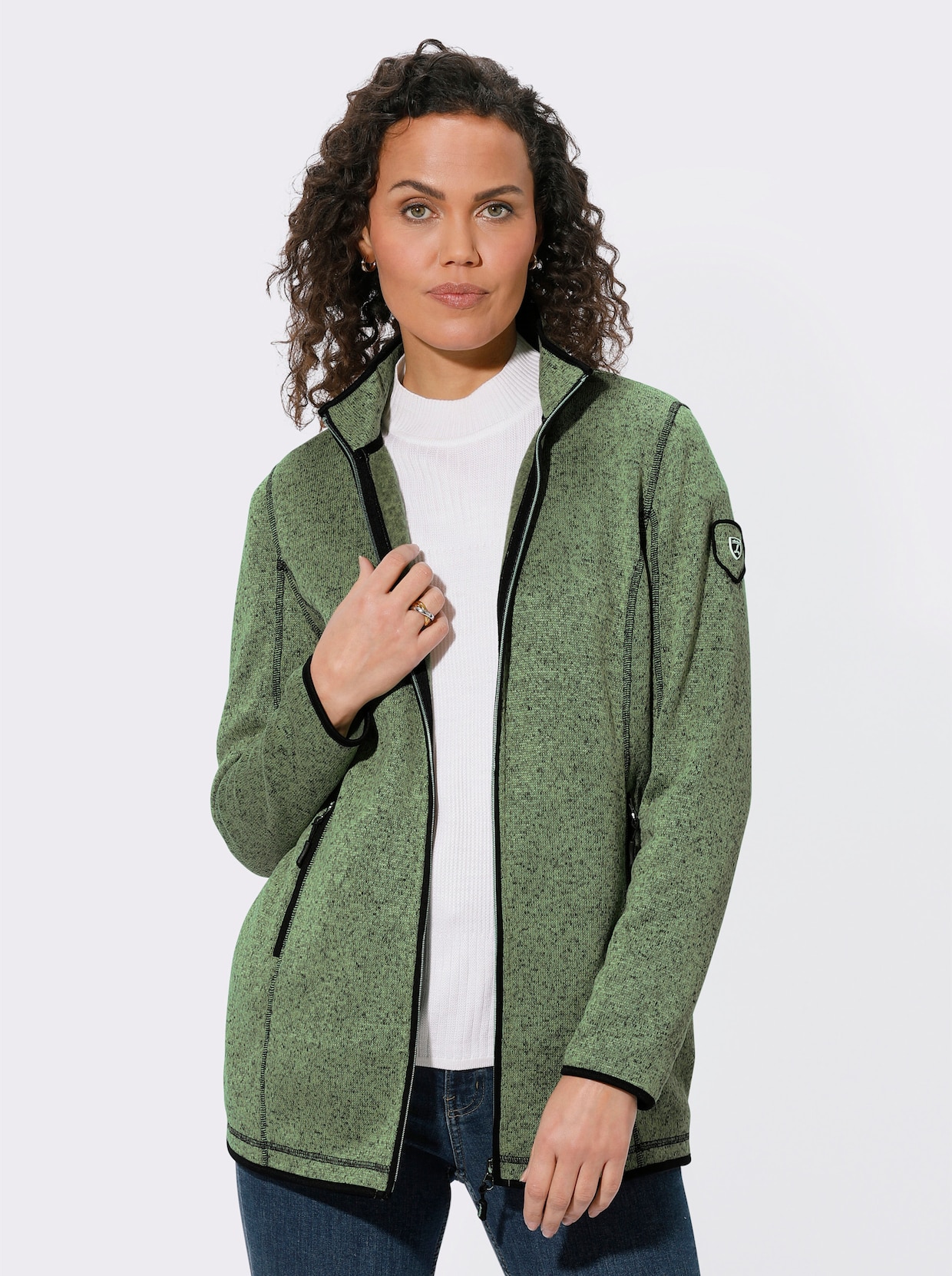 Strick-Fleecejacke - eucalyptus-schwarz-gemustert