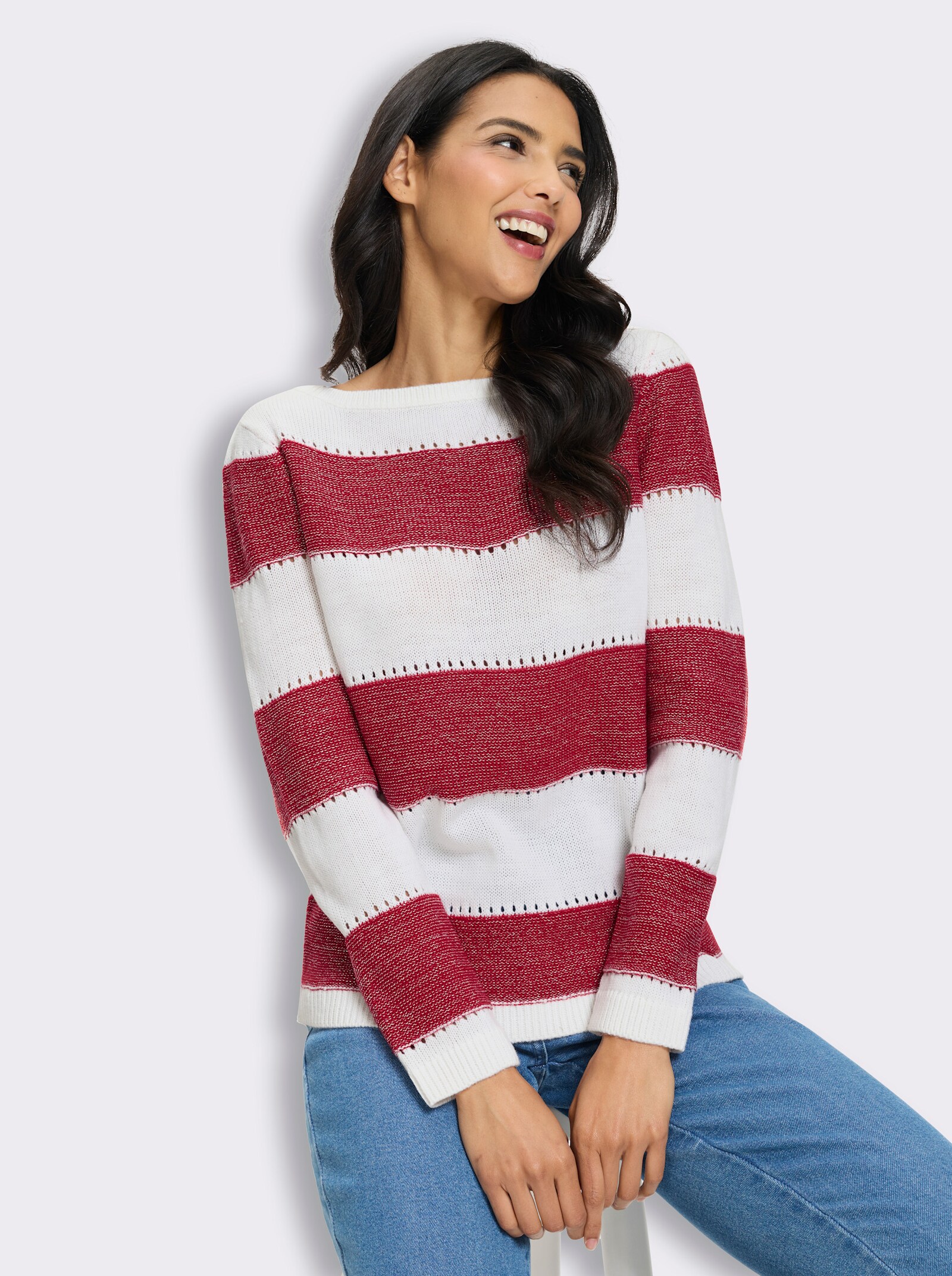 Langarm-Pullover mit Glanzgarn, Streifen-Muster - rot-ecru-gemustert