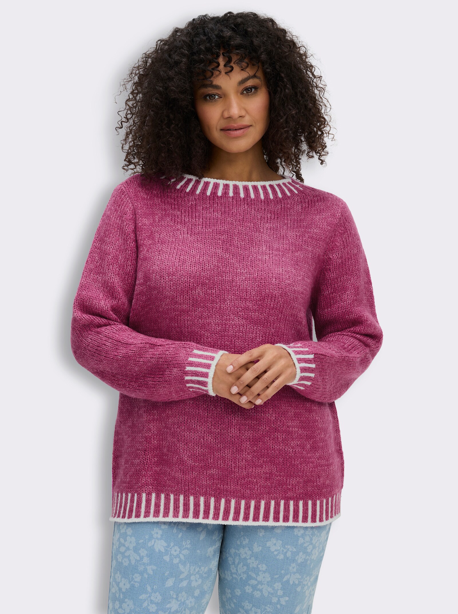 Langarm-Pullover mit effektvollen Kontrasten - magenta-ecru-gemustert