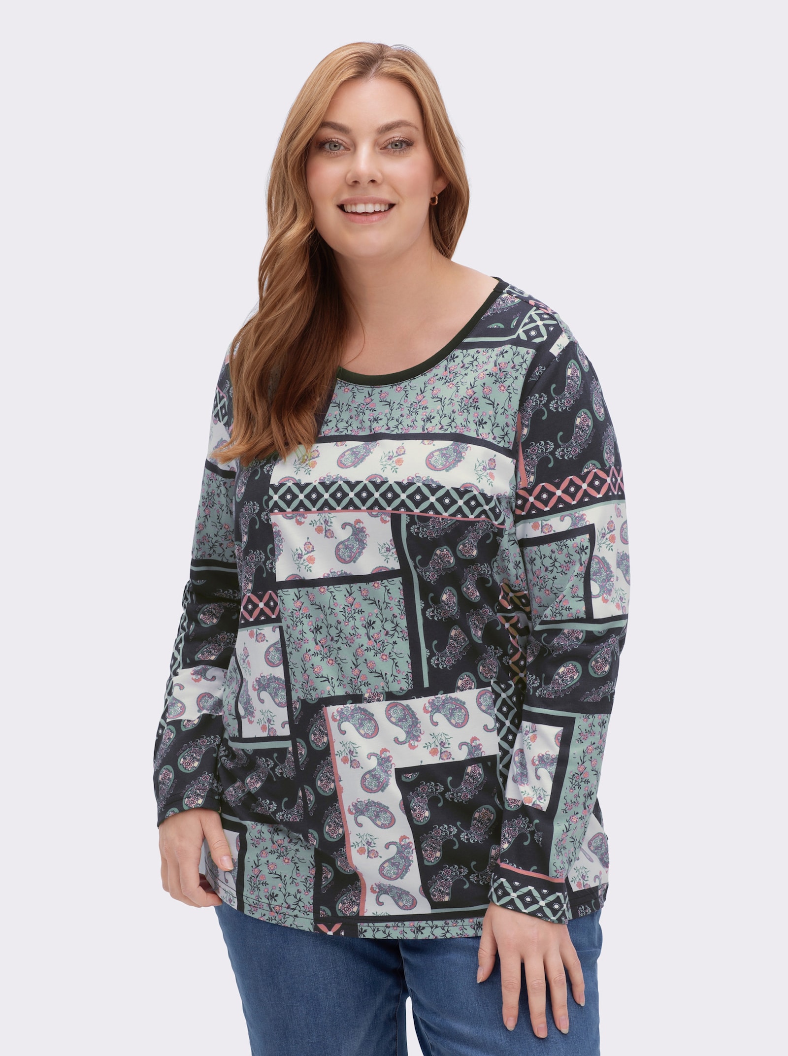 Langarmshirt im Patchwork-Dessin - wintertürkis-bedruckt