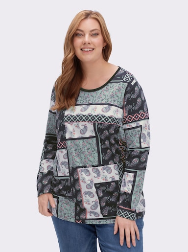 Langarmshirt im Patchwork-Dessin - wintertürkis-bedruckt