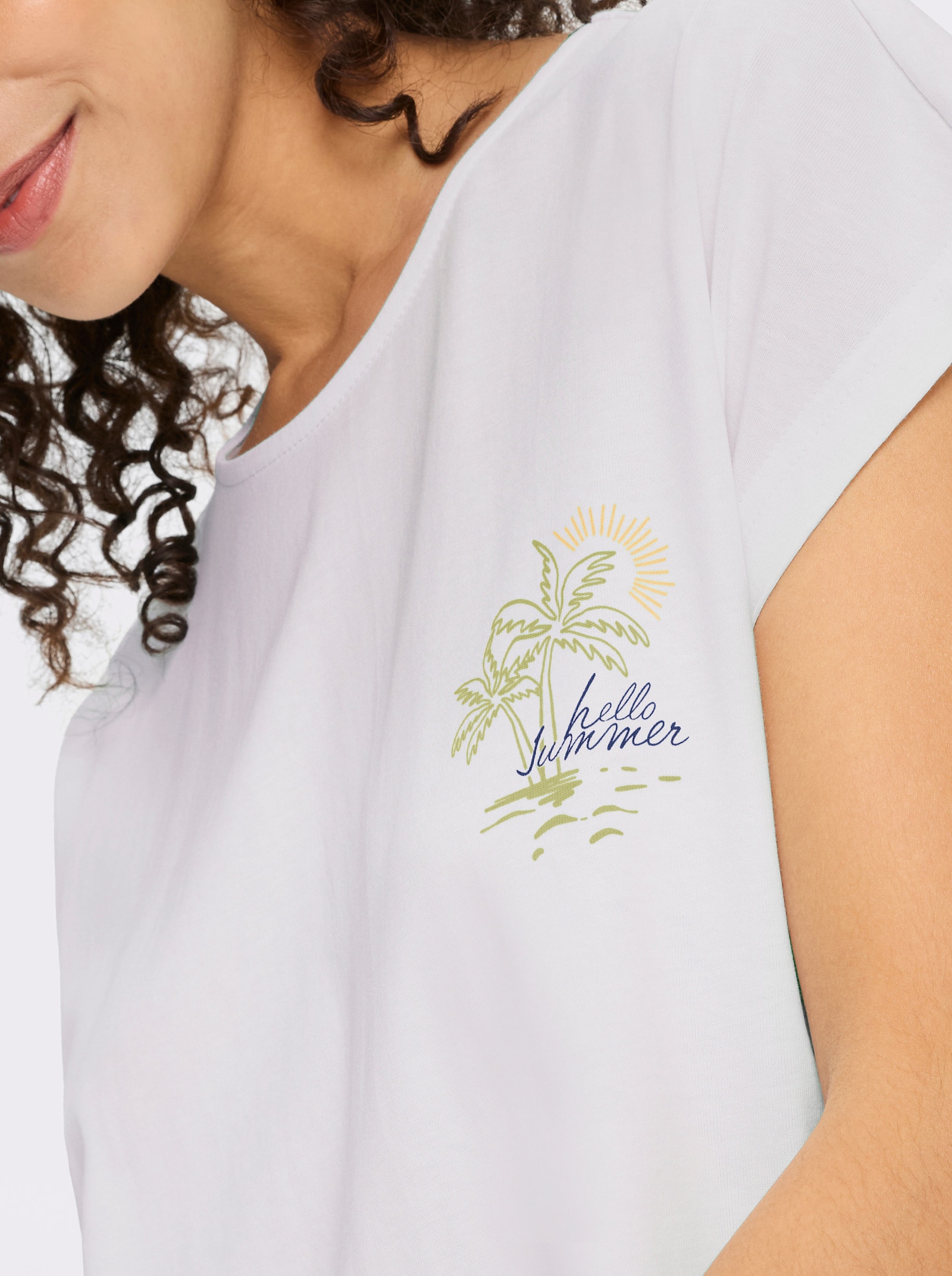 heine Kurzarmshirt mit Palmendruck - weiß-jeansblau-bedruckt