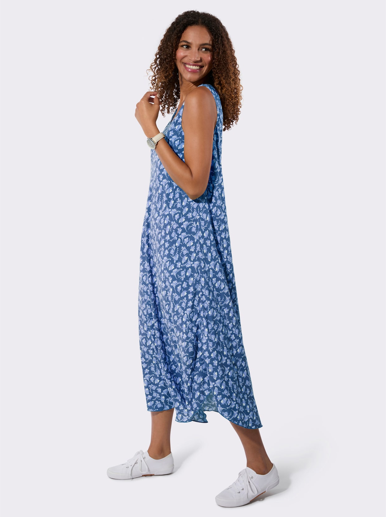 Druckkleid - jeansblau-weiß-bedruckt