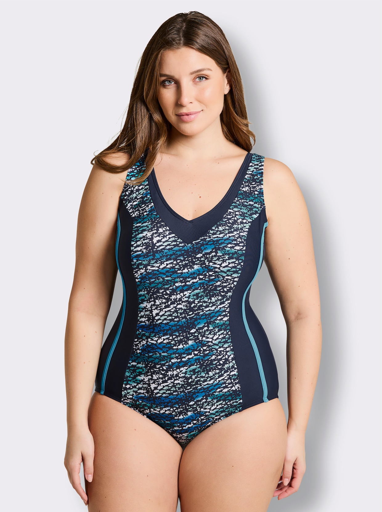 Badeanzug mit Kontrastpaspel - marine-türkis-bedruckt