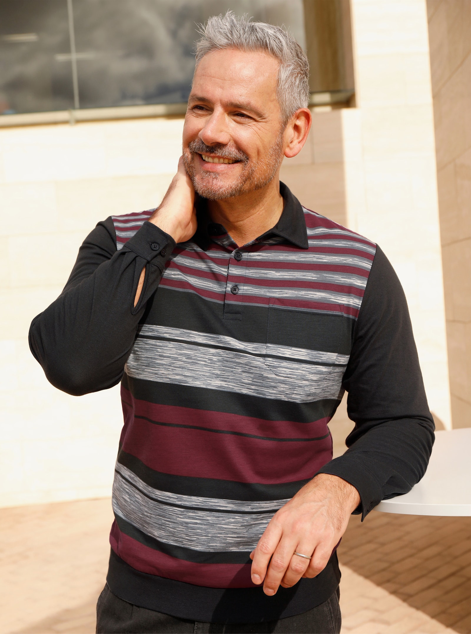 Marco Donati Langarmshirt mit Streifendruck vorne und hinten - dunkelrot-schwarz-gemustert