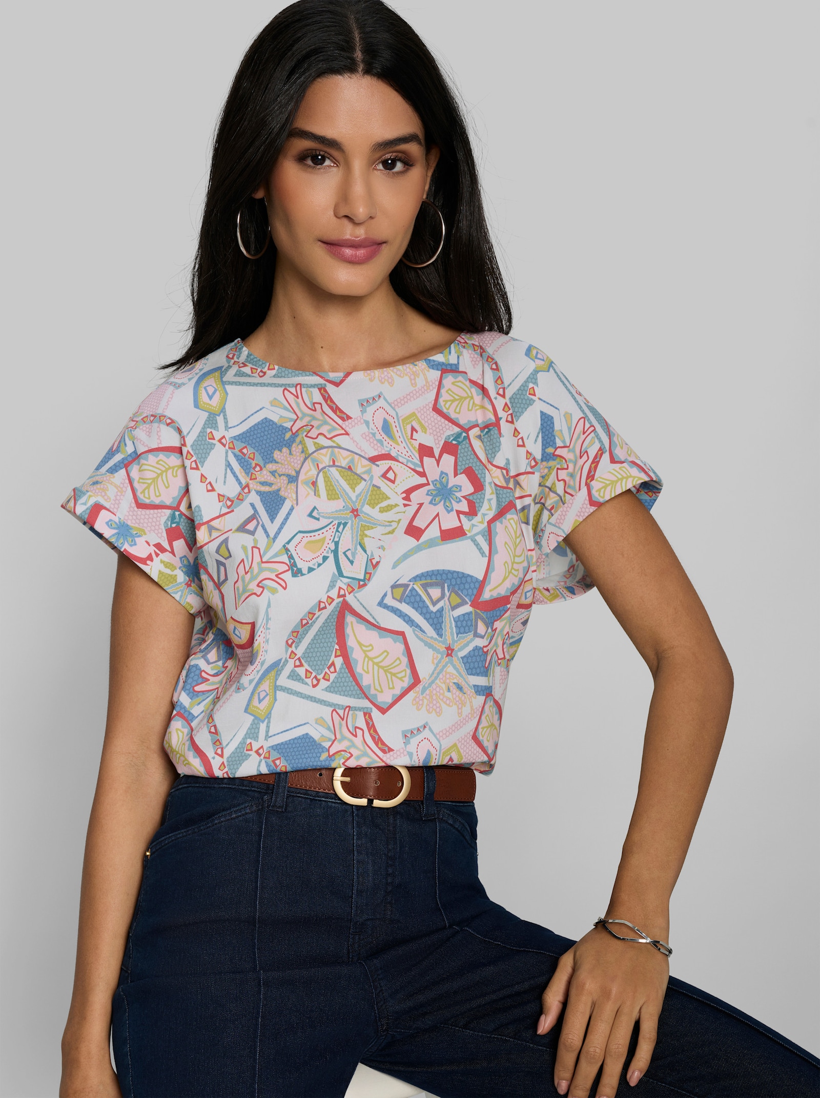 heine Druckbluse mit Ärmelaufschlag - ecru-hellrosé-bedruckt