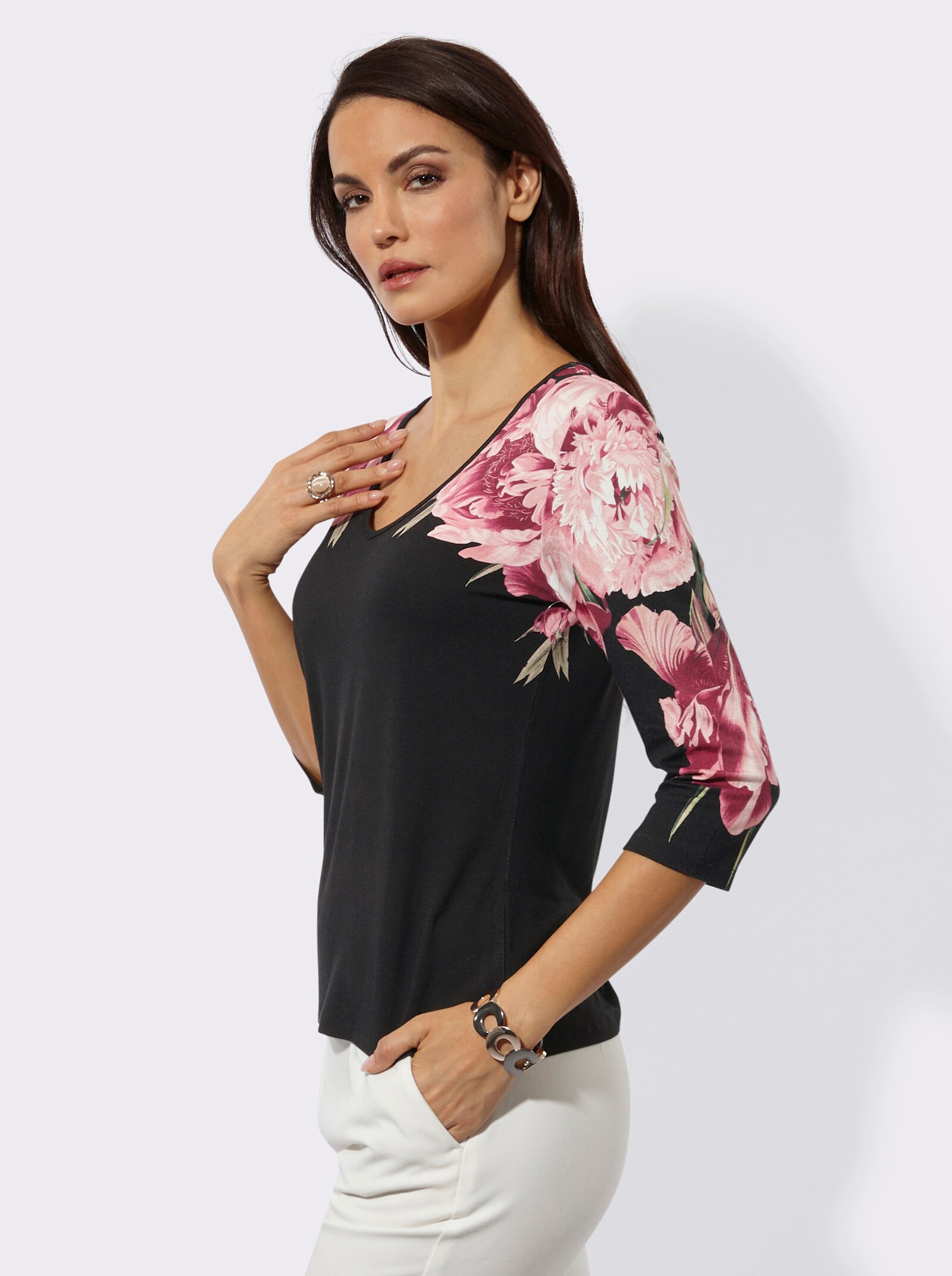 3/4-Arm-Shirt mit Blütendruck - schwarz-hortensie-bedruckt