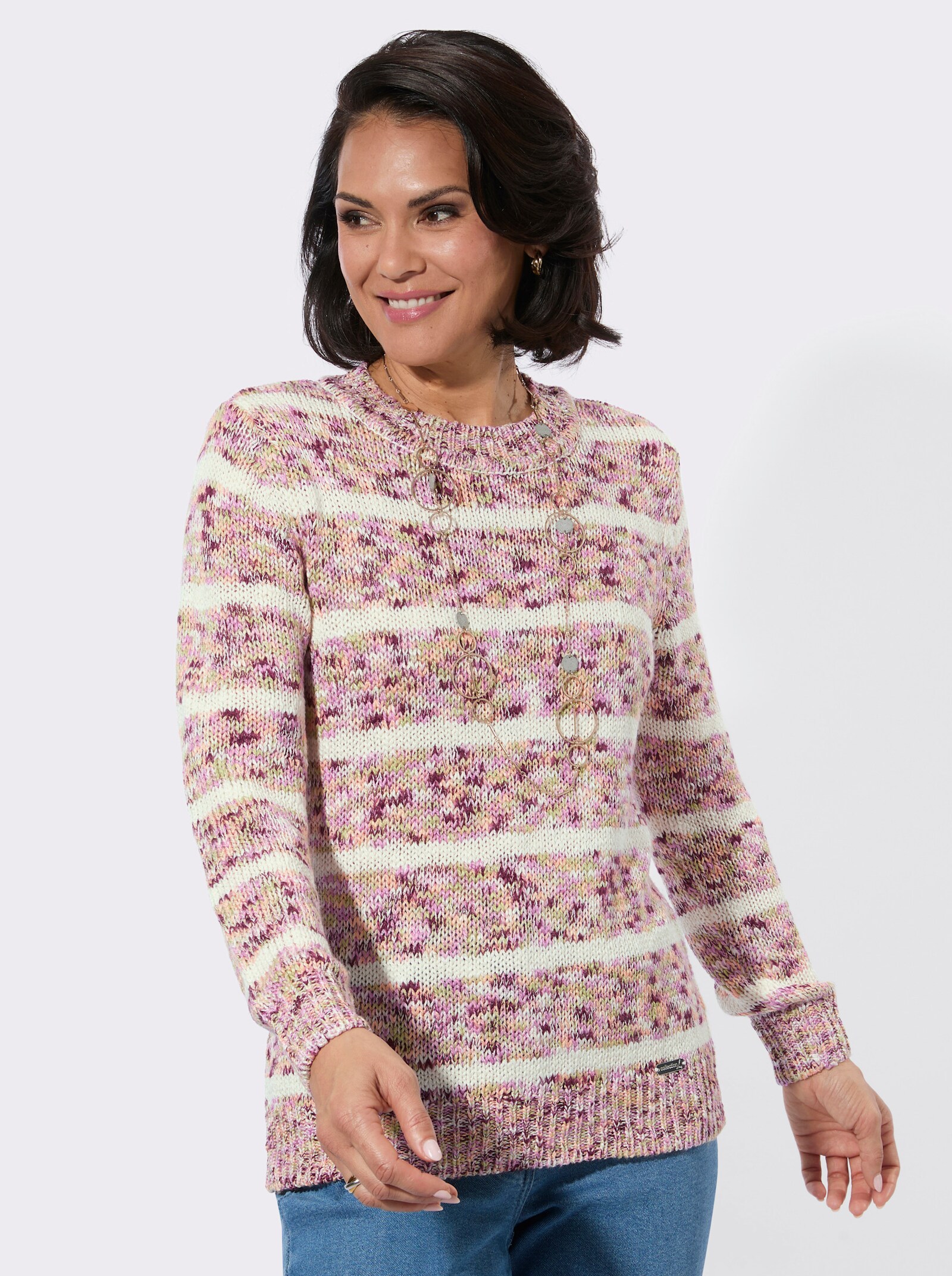 Rundhalspullover in Melange-Optik - mauve-ecru-geringelt