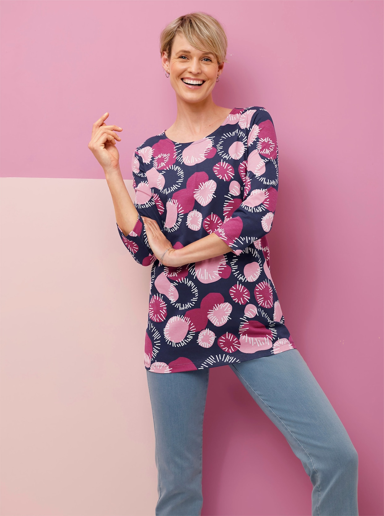 Lang shirt met 3/4-mouwen, katoen - oudroze/mauve bedrukt