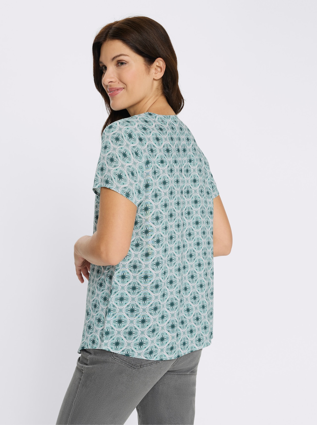 Schlupfbluse mit leicht abgerundetem Saum - jade-ecru-bedruckt