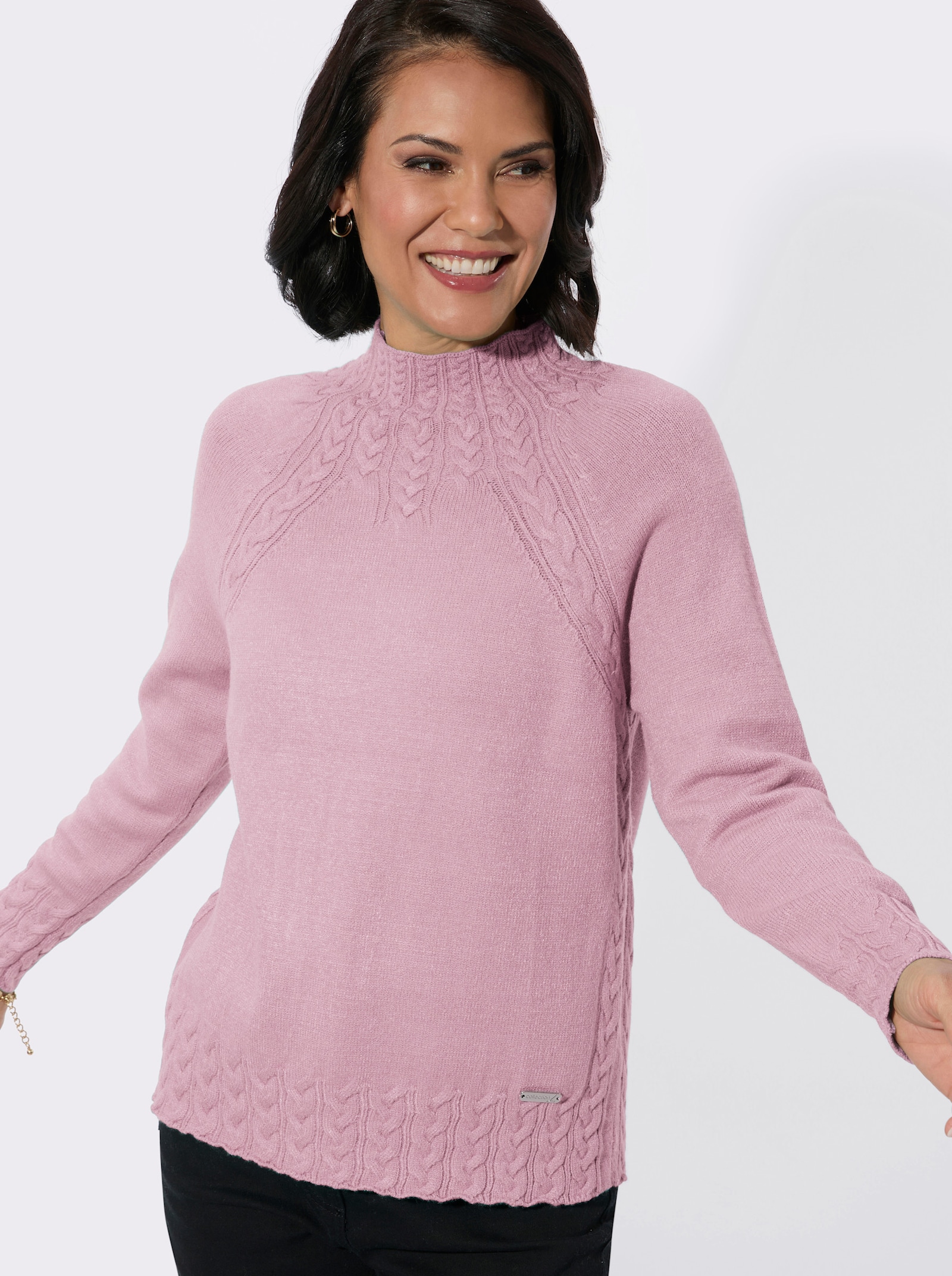 Stehkragenpullover mit Zopfmuster vorn - rosé