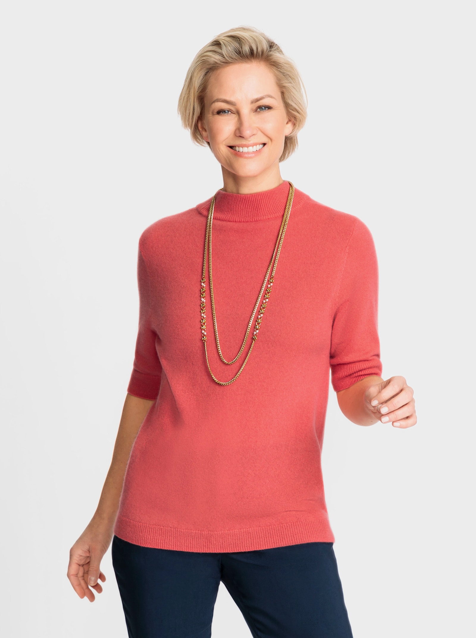 Stehkragenpullover aus reinem Kaschmir - koralle-meliert