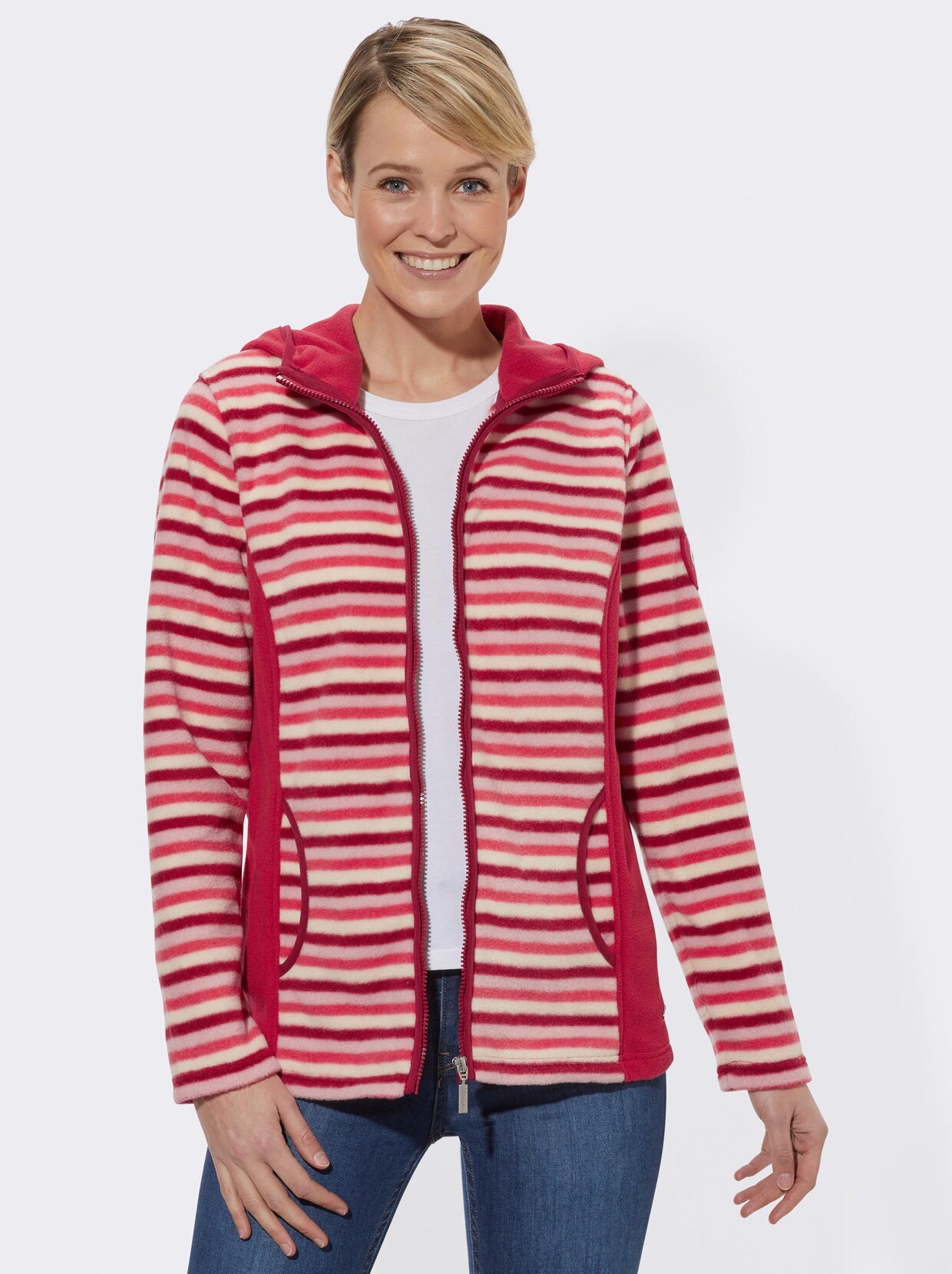 Fleecejacke - rot-ecru-gestreift