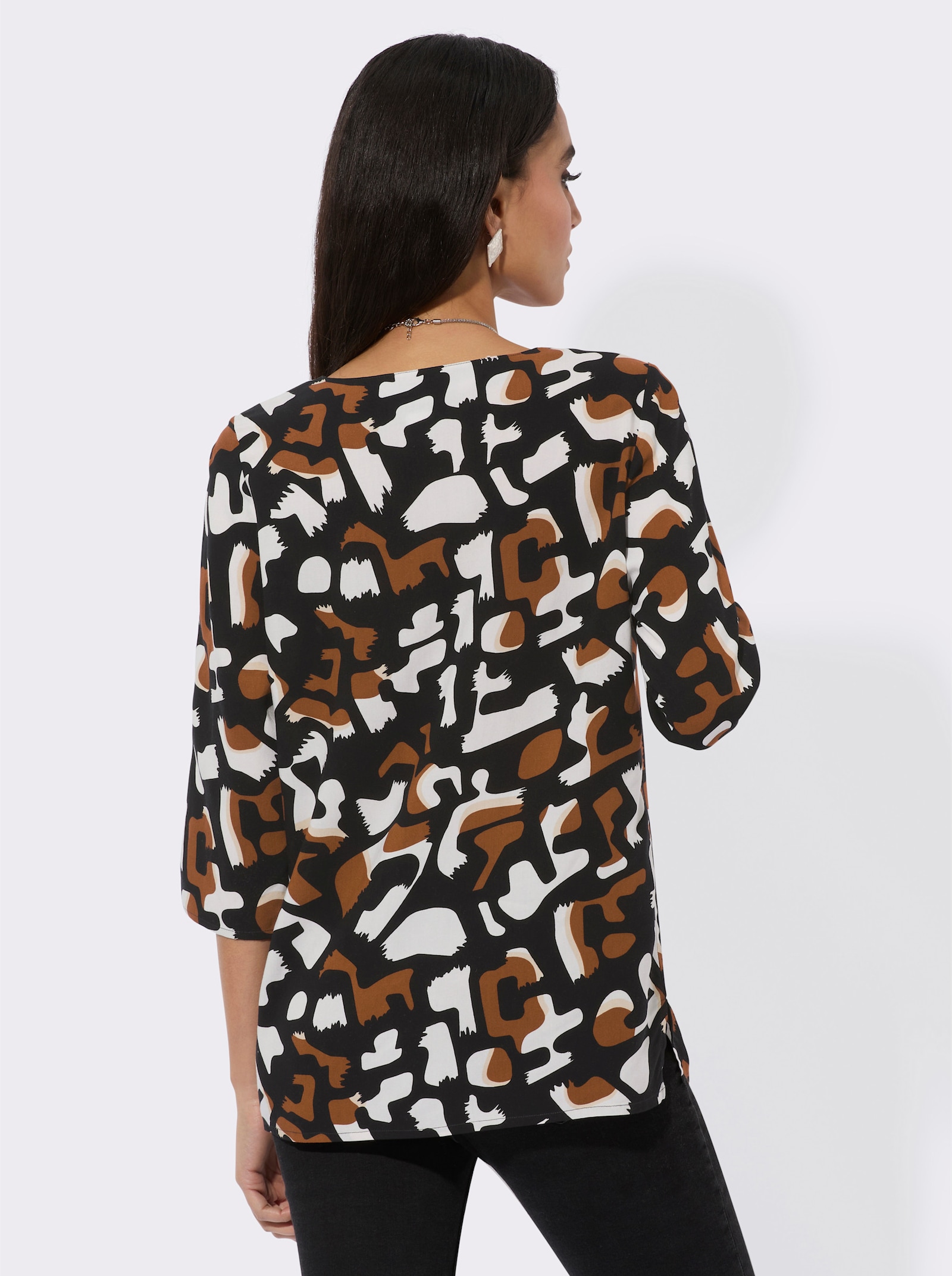 Druckbluse mit Seitenschlitzen - schwarz-cognac-bedruckt