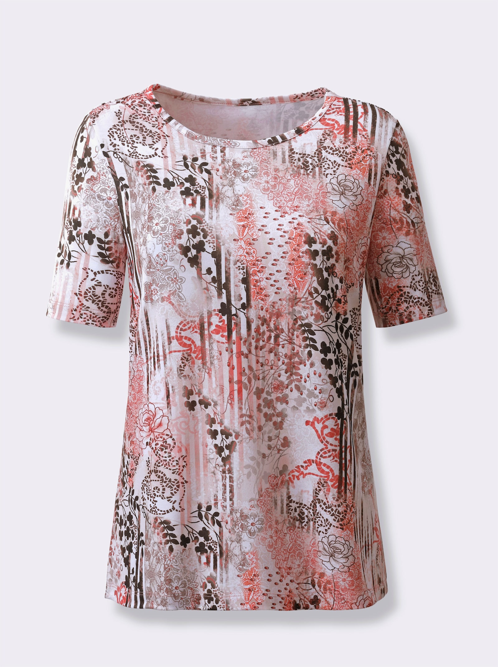 Shirt met ronde hals en korte mouwen - koraal-grafiet bedrukt