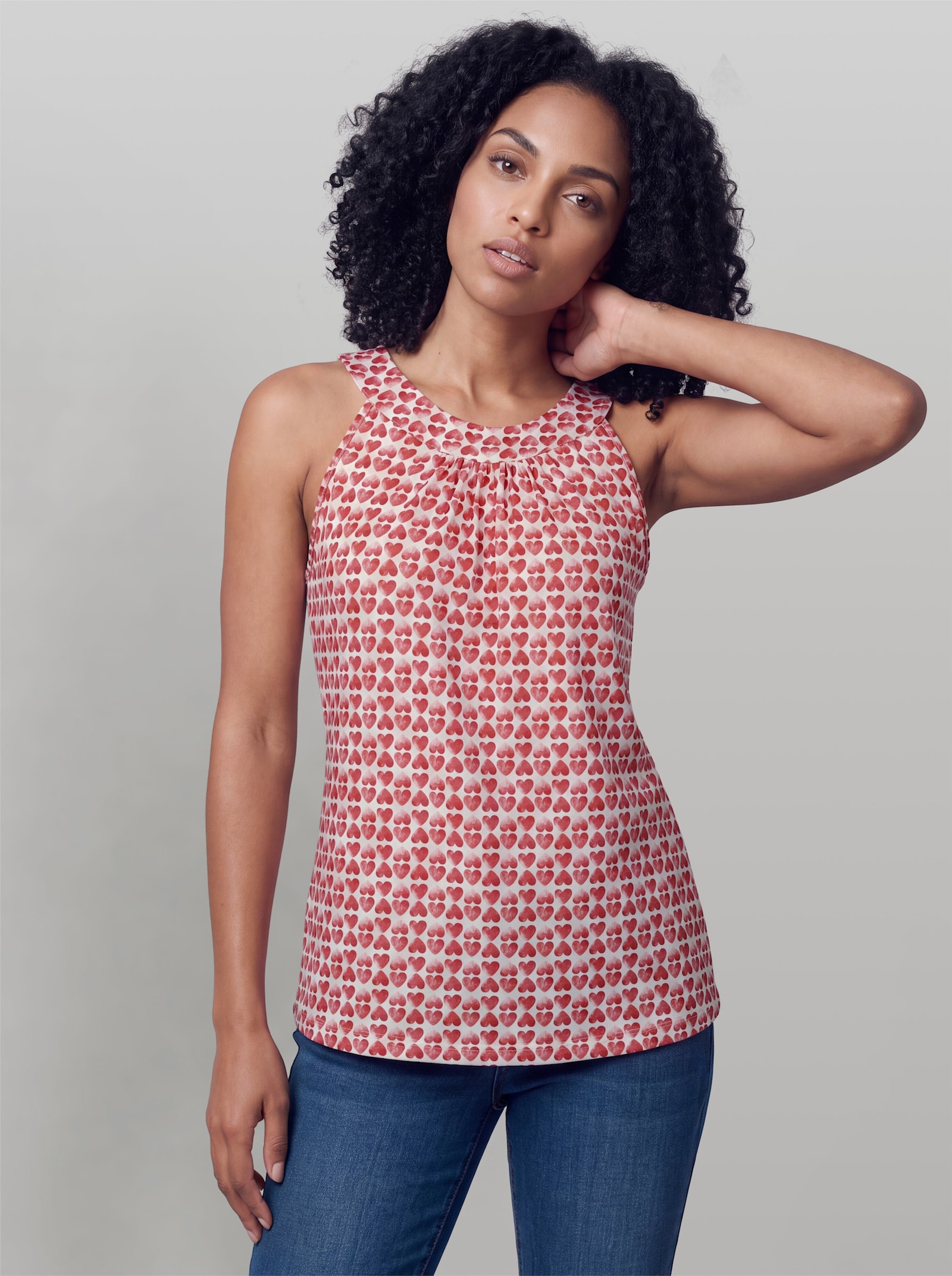 heine Shirttop mit amerikanischer Schulter - rot-hellrosé-gemustert