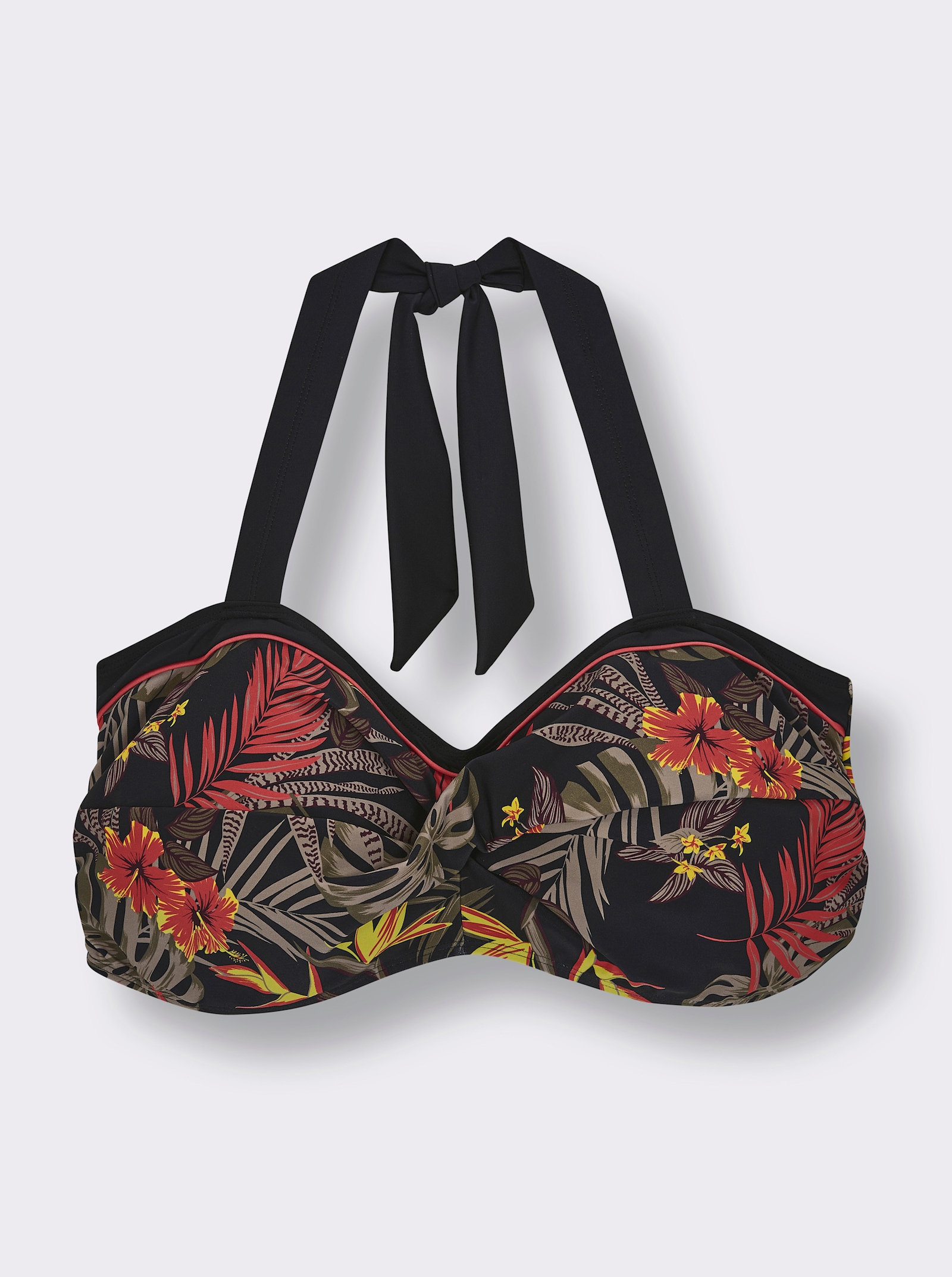 sheego Bikini-Oberteil mit tropischem Print und Neckholder-Trägern - schwarz-burgund-bedruckt