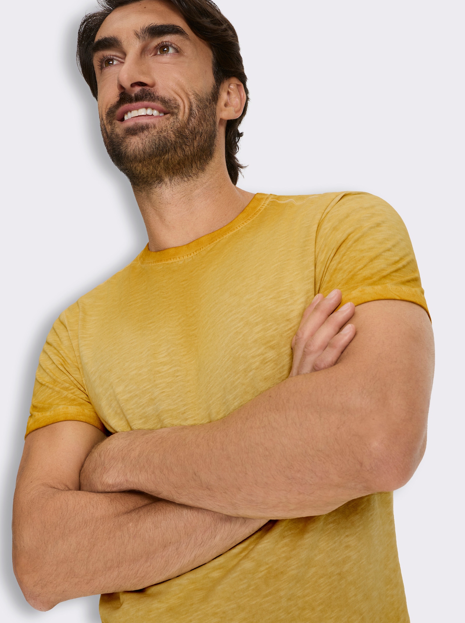 Kurzarmshirt mit Rundhals-Ausschnitt, Baumwolle - ocker