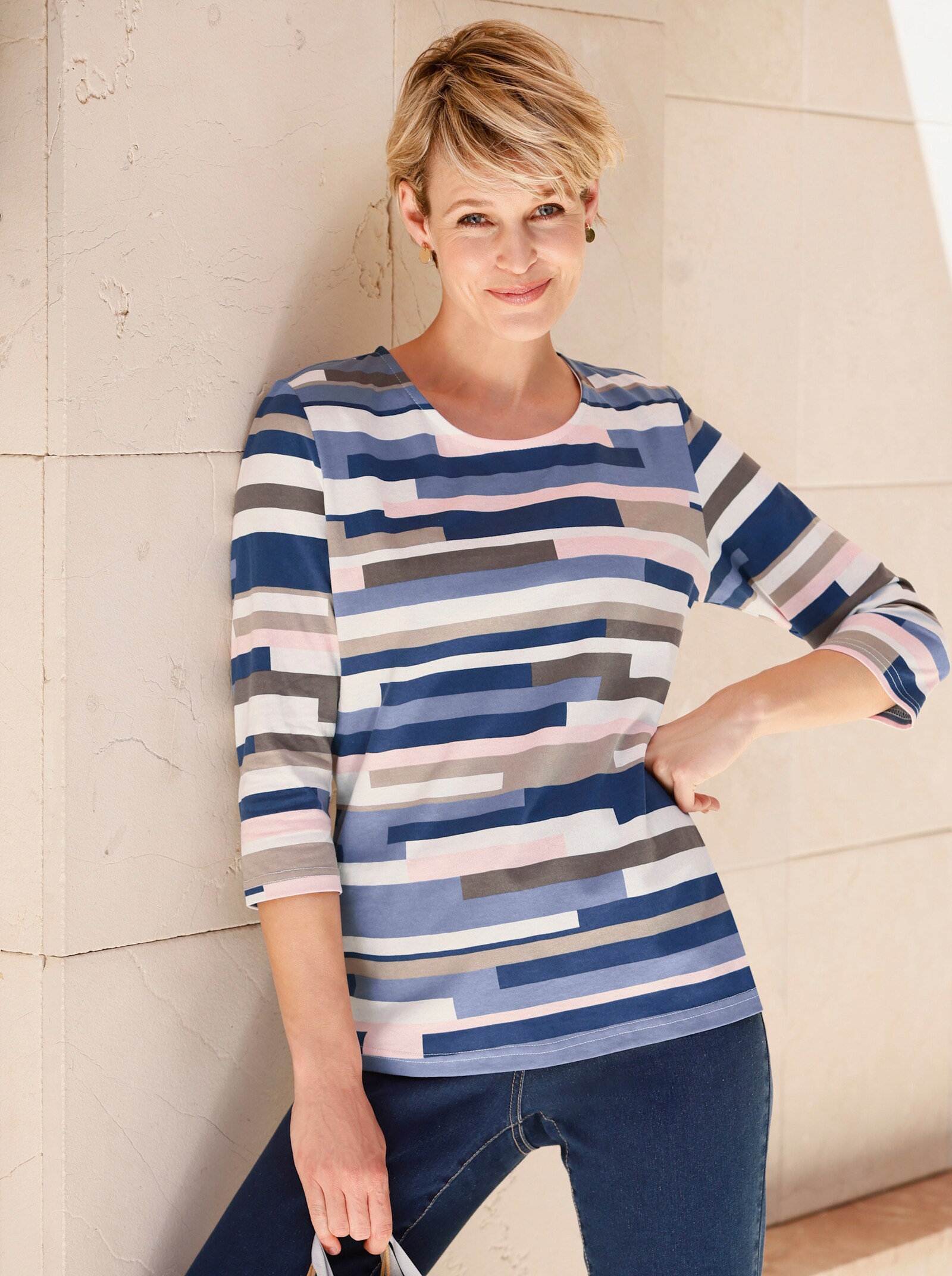 Tričko s kulatým výstřihem - holubí modrá-džínová modrá-potisk