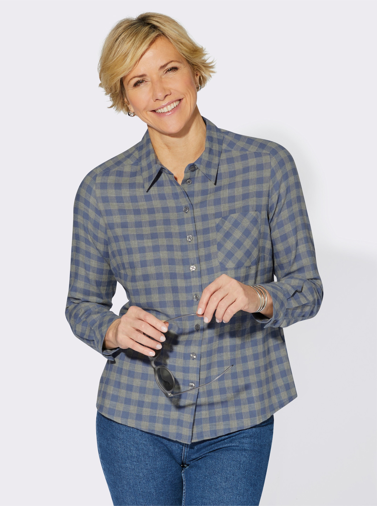 Hemdbluse in Flanell-Qualität - taubenblau-kariert