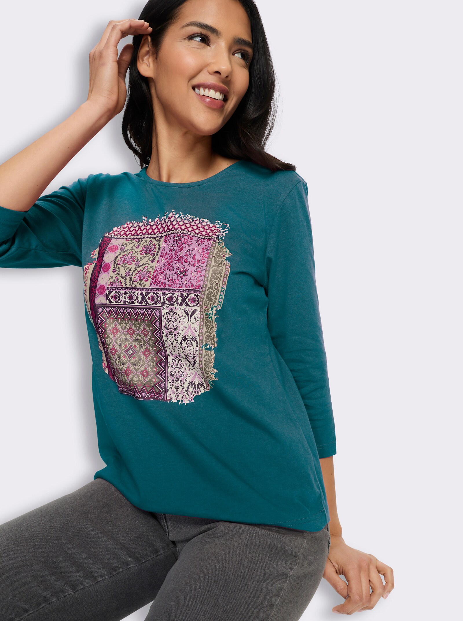 3/4-Arm-Shirt mit Patchwork-Muster - aquapetrol-traube
