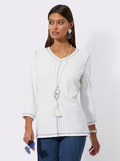 V-Shirt in Jersey-Jacquard-Qualität - weiß