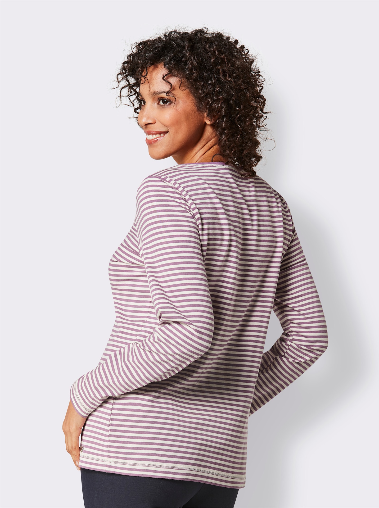 CREATION L PREMIUM Rundhalsshirt im Ringel-Dessin - violett-ecru-geringelt