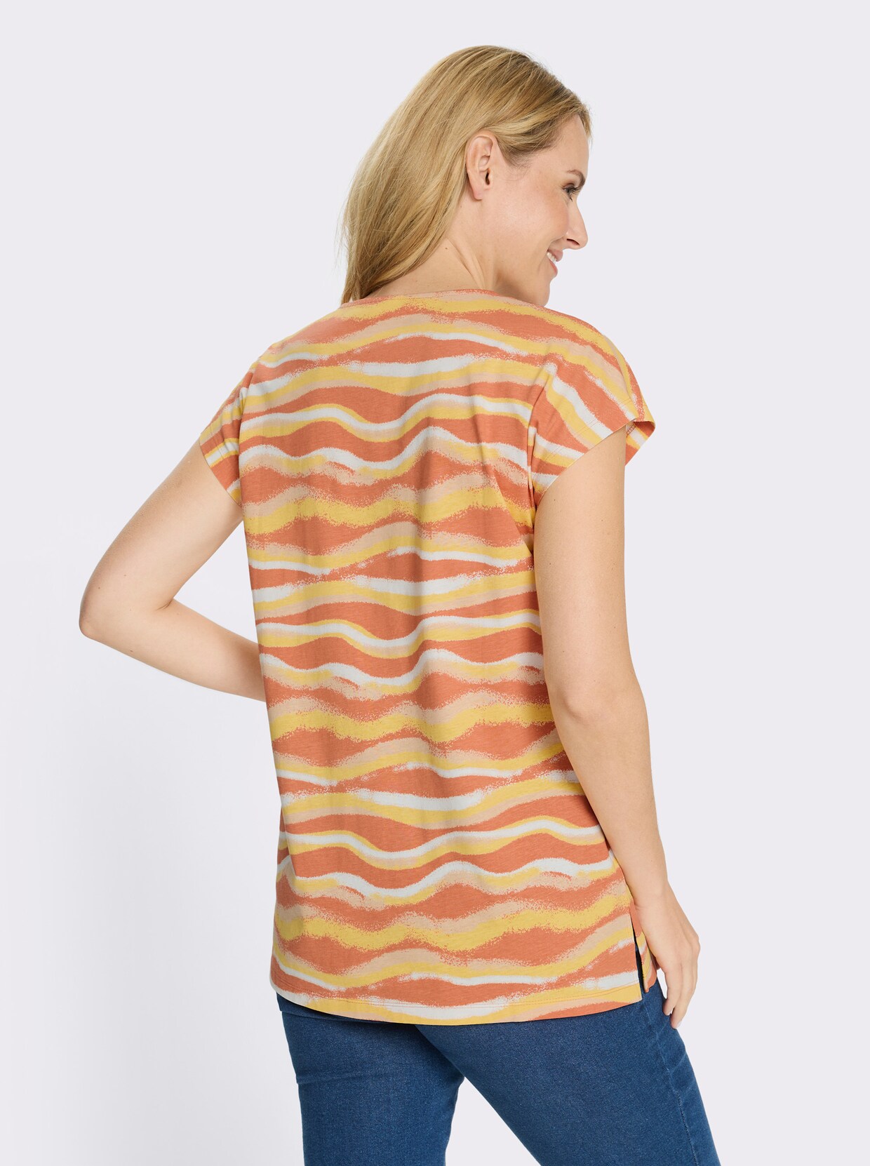 Longshirt mit Seitenschlitzen - papaya-gelb-bedruckt
