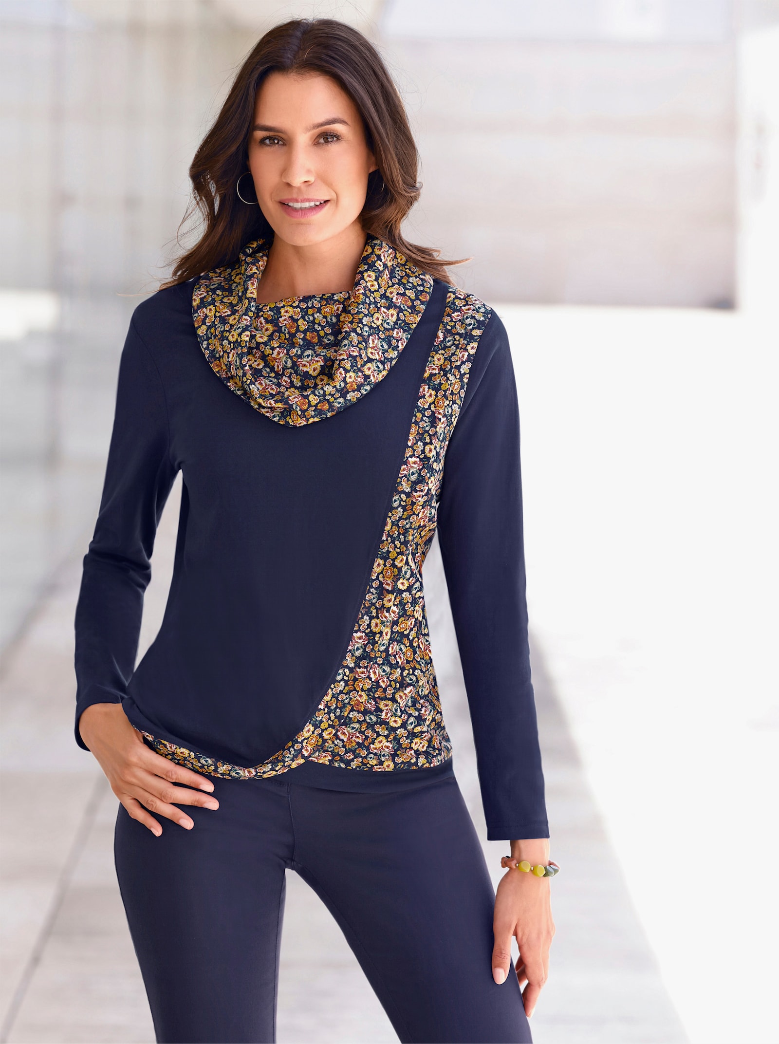 Rollkragenshirt in Wickel-Optik - marine-ocker-gemustert