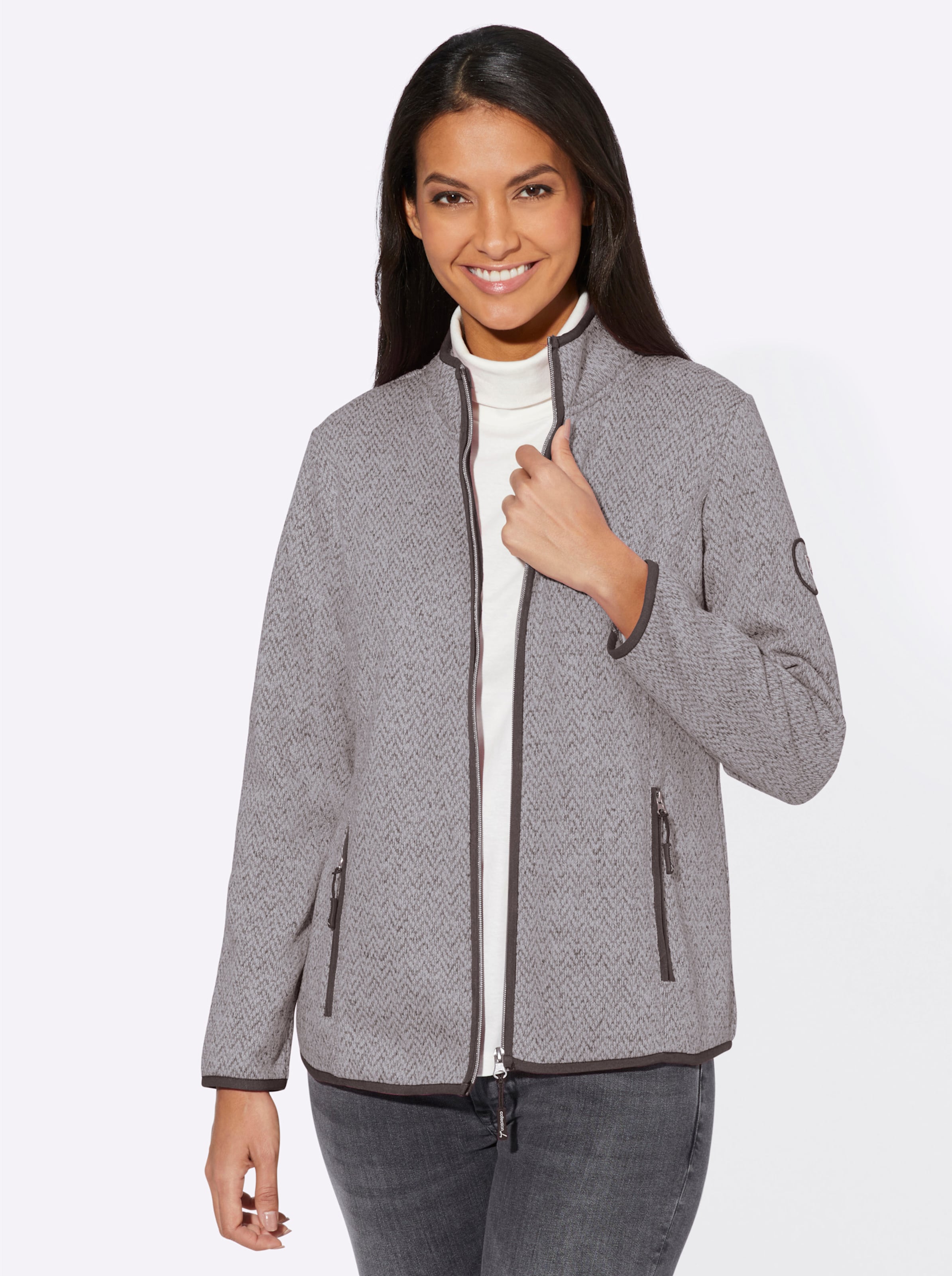 Witt Damen Fleecejacke mit Fischgratmuster, steingrau-anthrazit-gemustert