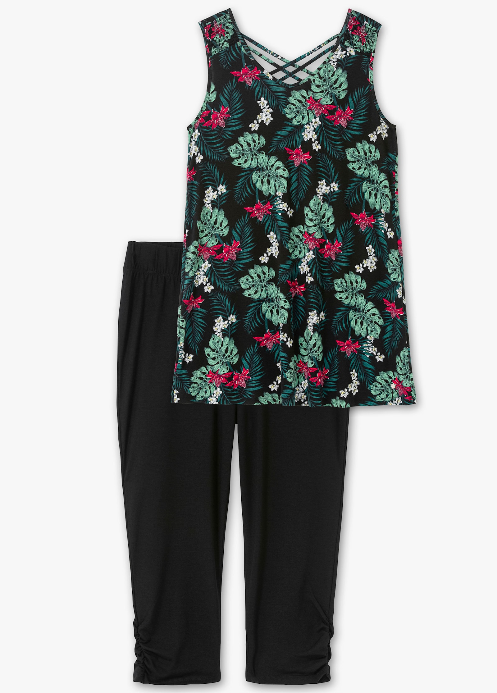 sheego Shirt und Leggings im Set - schwarz-gemustert