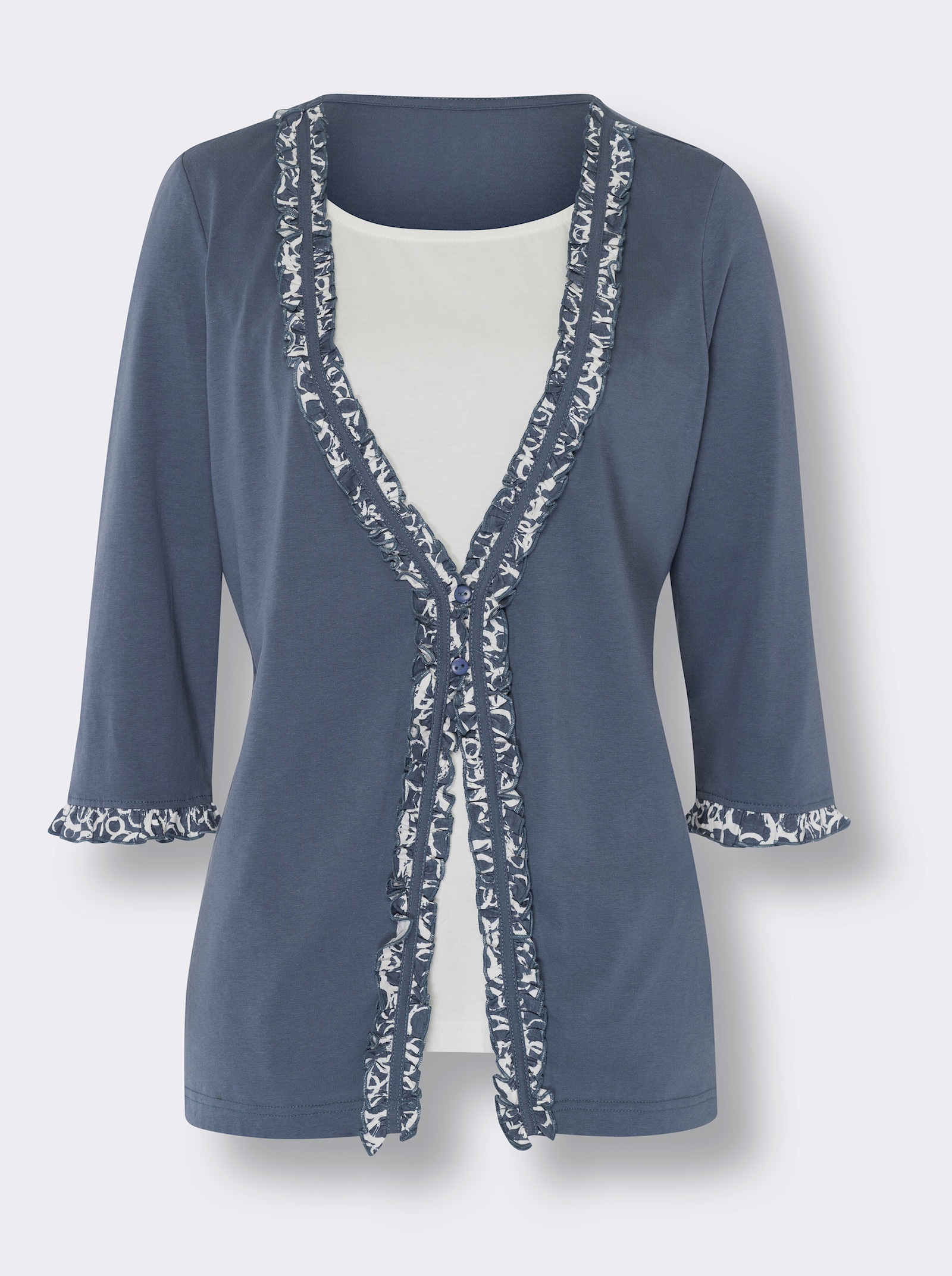 2-in-1-shirt met ruches - rookblauw/ecru