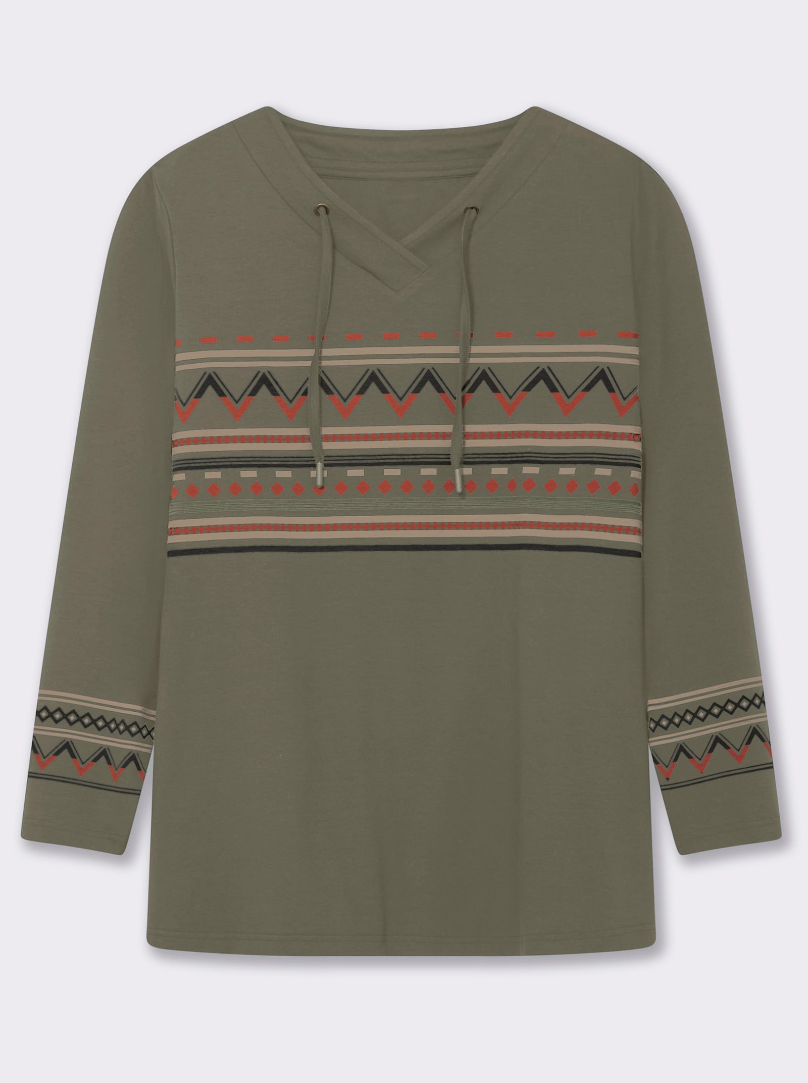 sheego Shirt mit V-Ausschnitt und Ethno-Details - khaki-beige-bedruckt