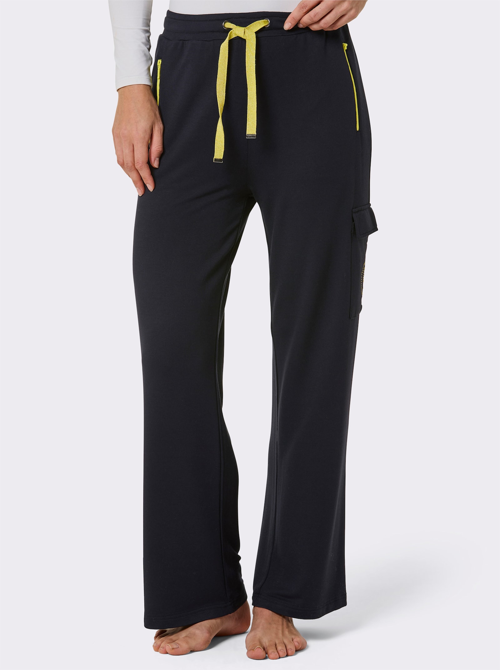 CREATION L PREMIUM Dehnbund-Hose mit Cargotasche - schwarz-limone