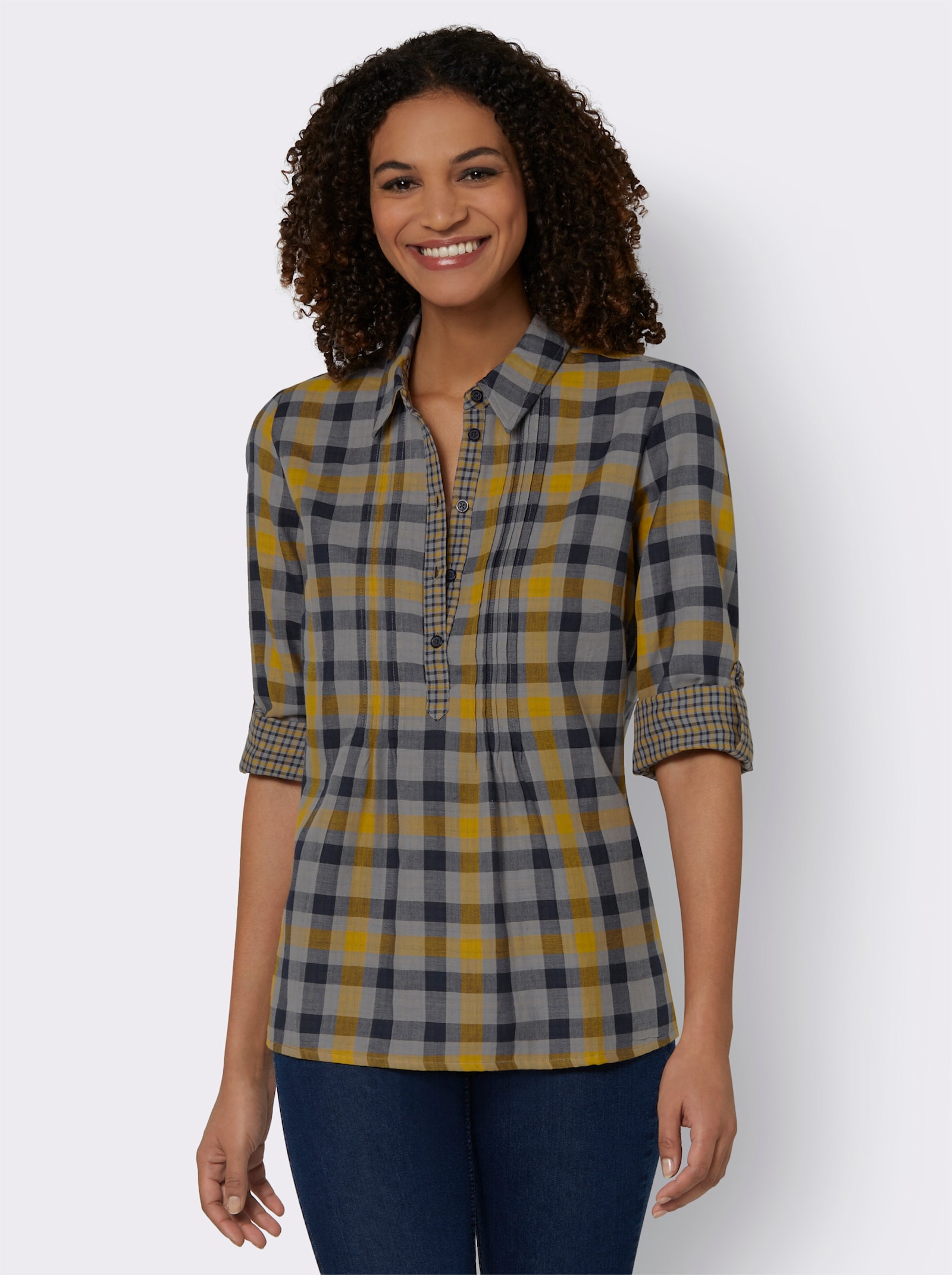 Langarmbluse mit Biesen, kariert - ocker-kariert