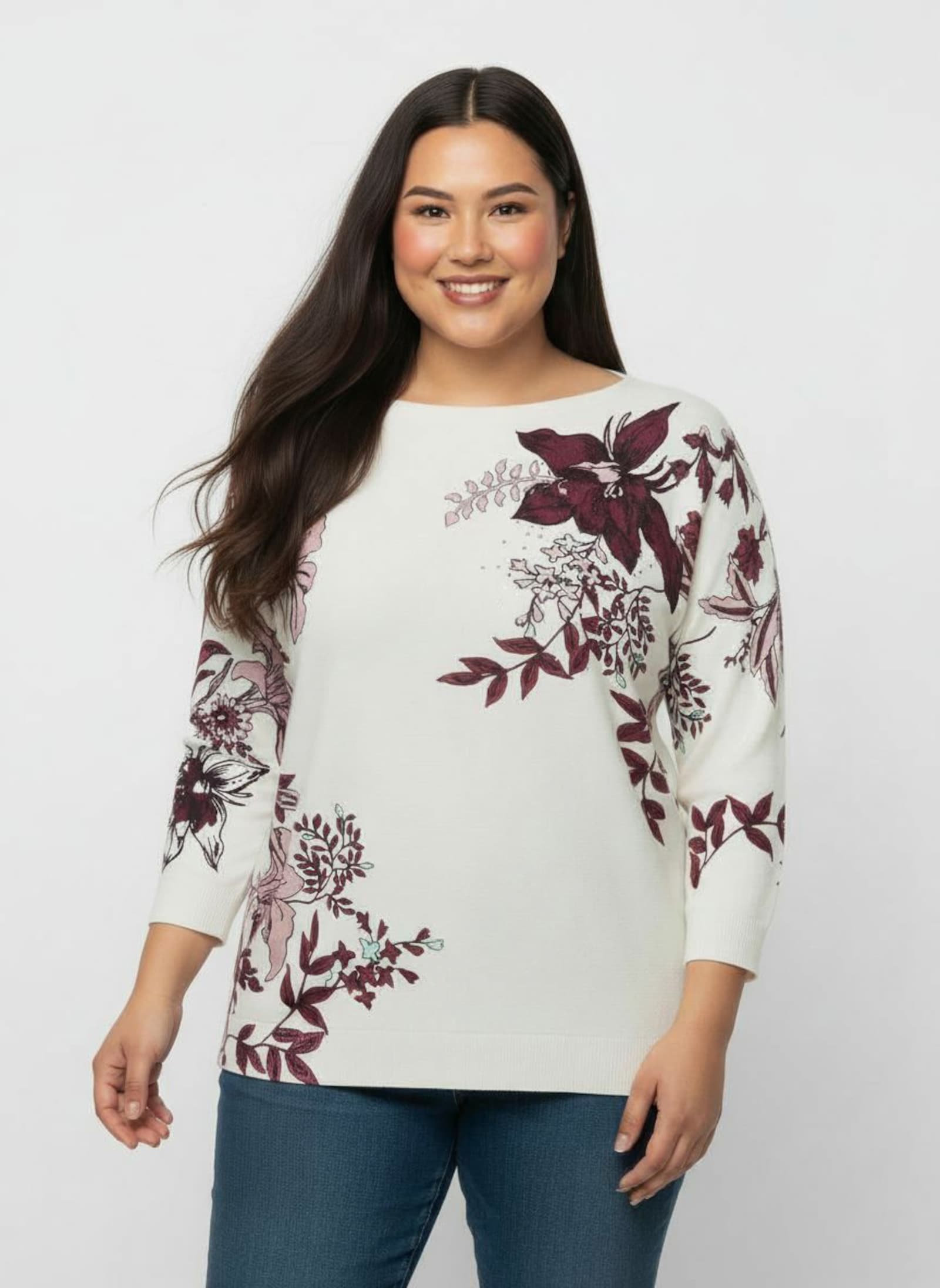 3/4 Arm-Pullover mit U-Boot-Ausschnitt - ecru-burgund-bedruckt