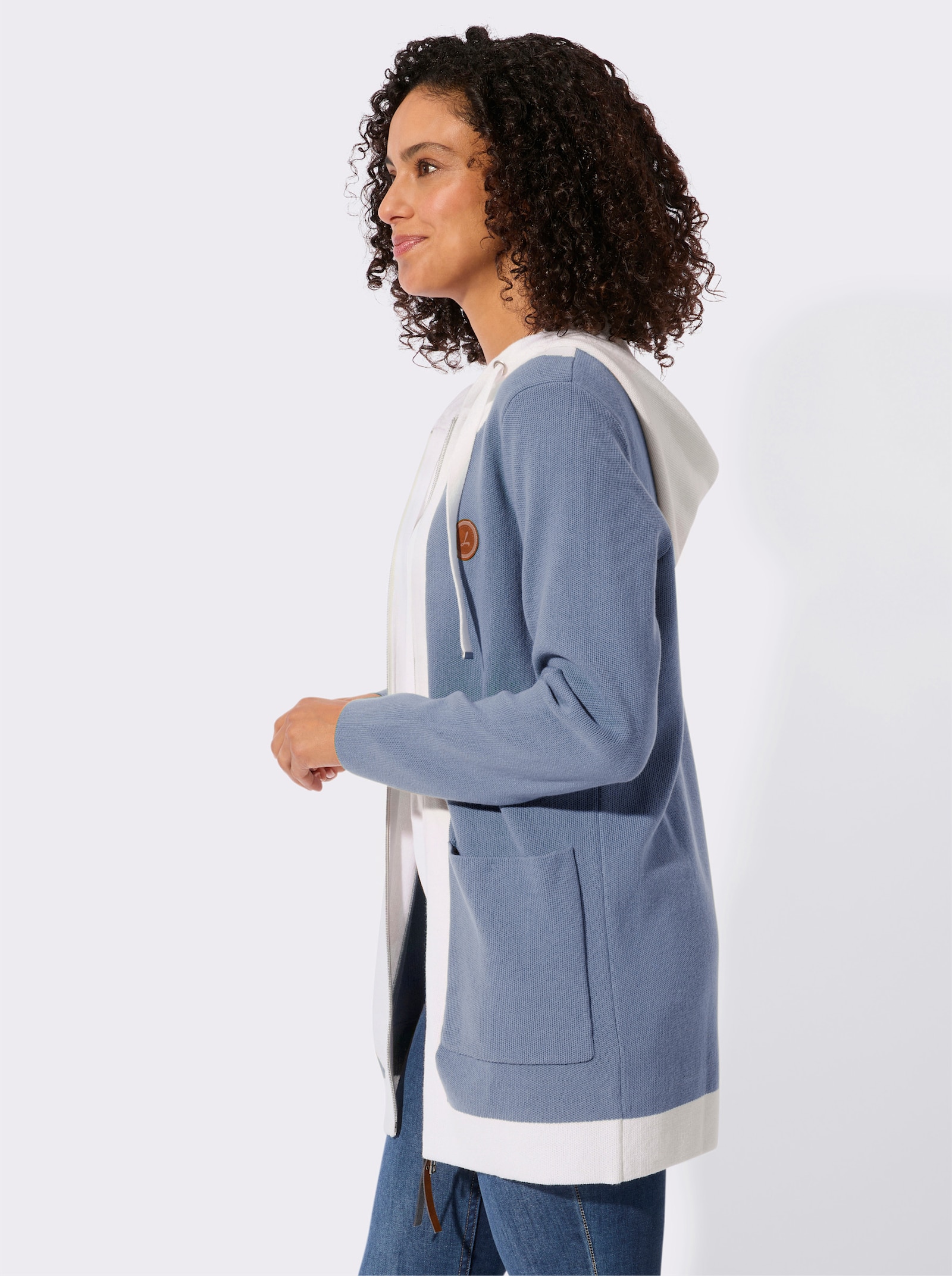 Longstrickjacke mit 2-Wege-Reißverschluss - taubenblau-ecru