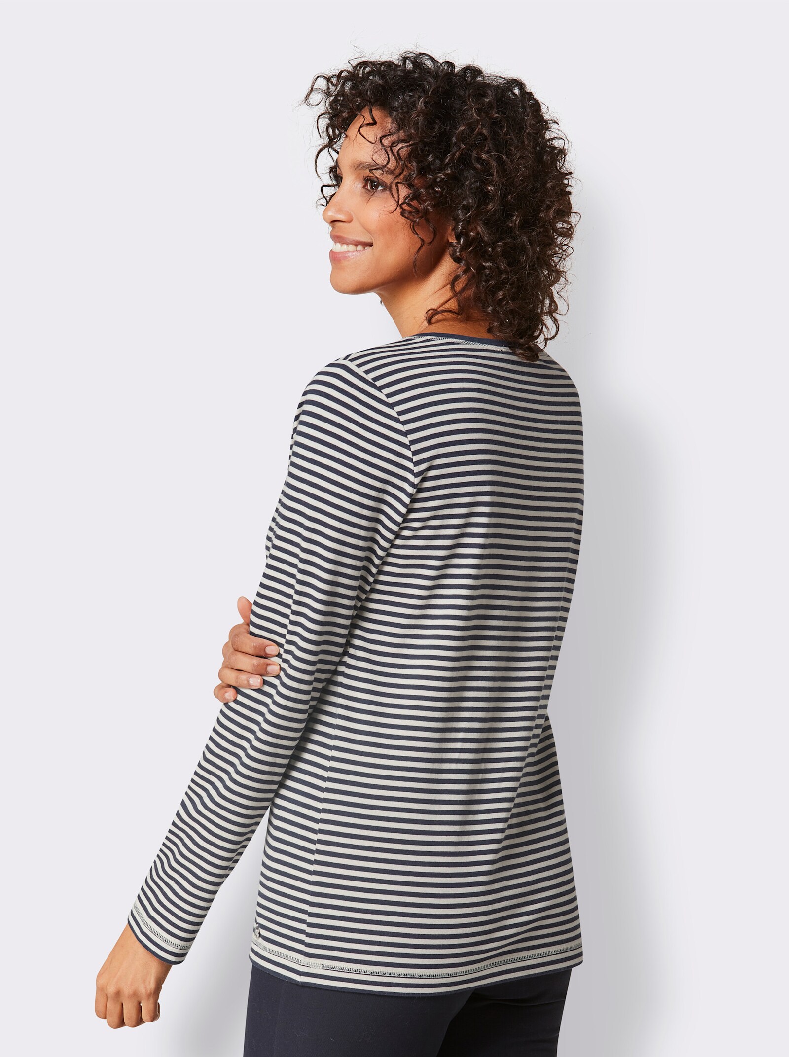 CREATION L PREMIUM Rundhalsshirt im Ringel-Dessin - marine-ecru-geringelt