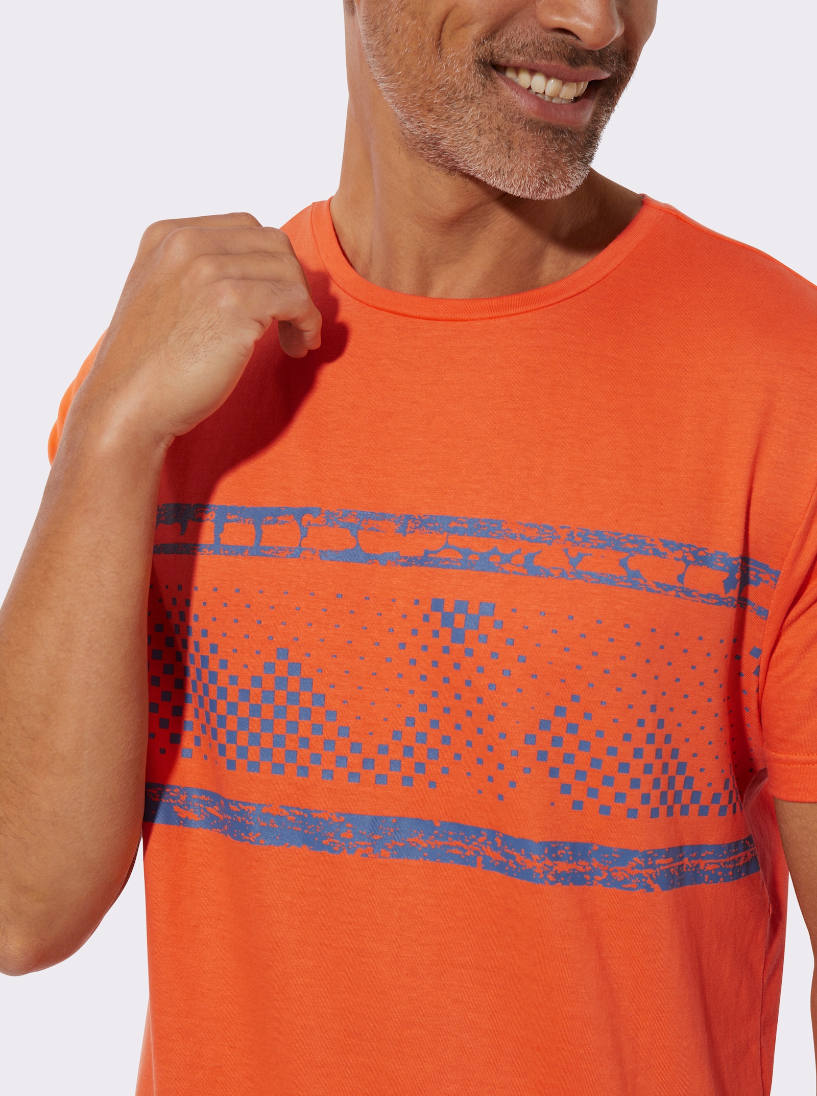 Tričko, okr. výstrih, potlač vpredu - Oranžová-džínsová modrá