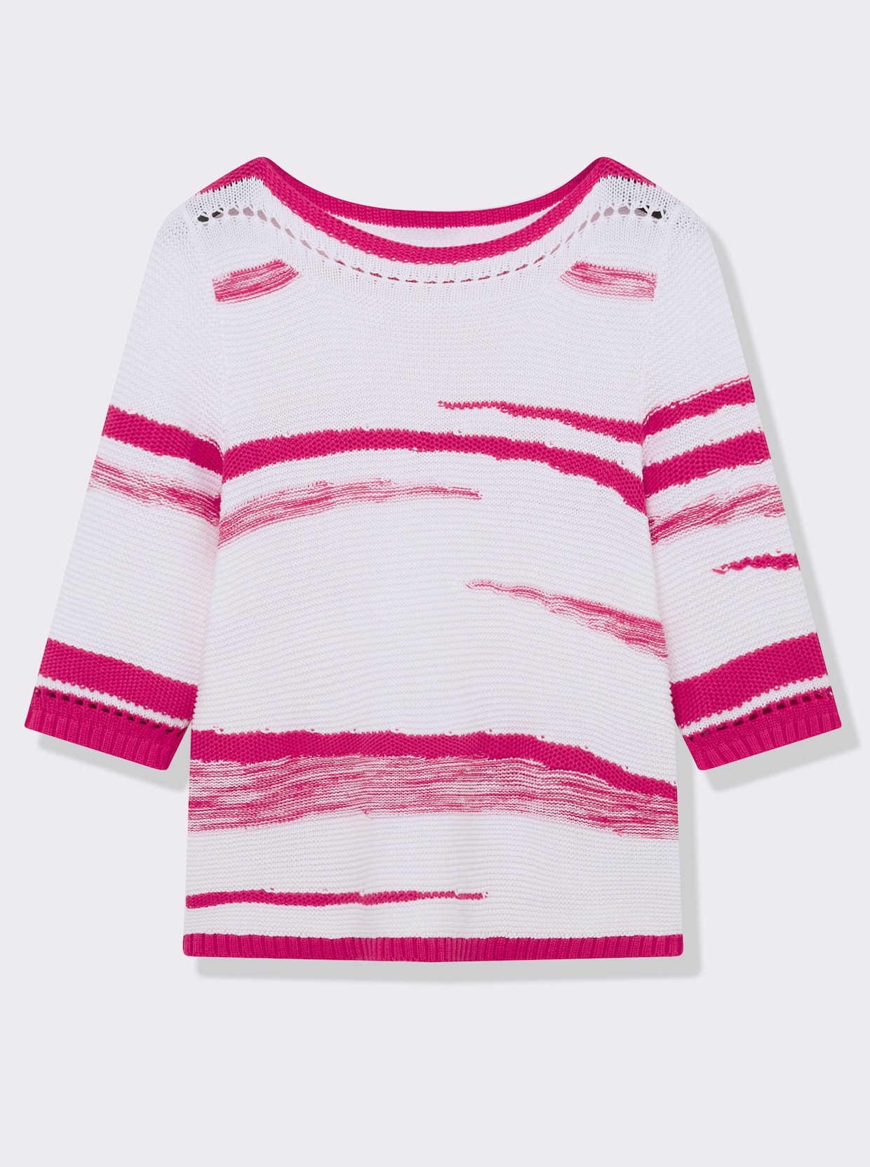 3/4 Arm-Pullover mit Lochmuster - weiß-pink-gemustert