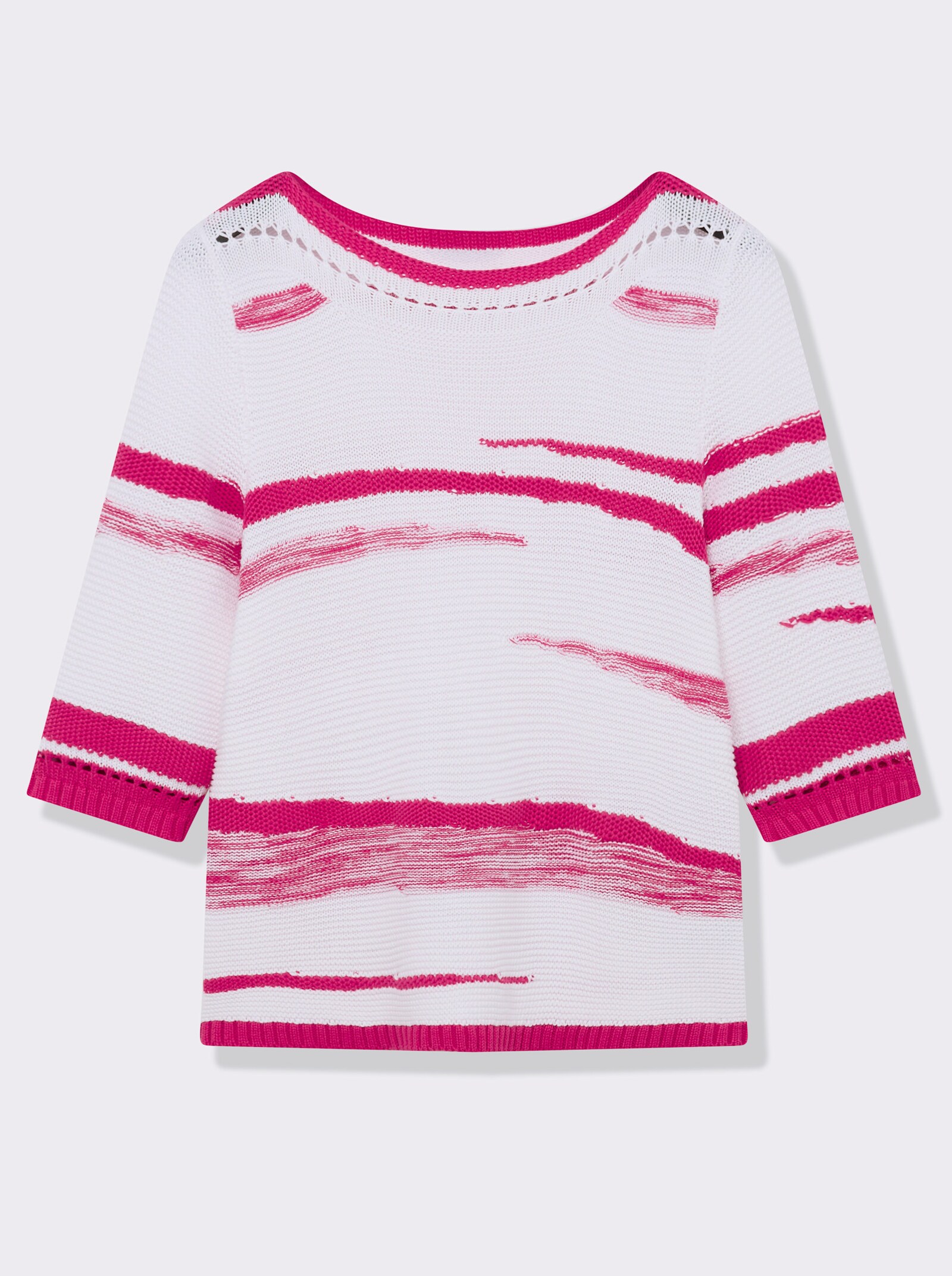 3/4 Arm-Pullover mit Lochmuster - weiß-pink-gemustert