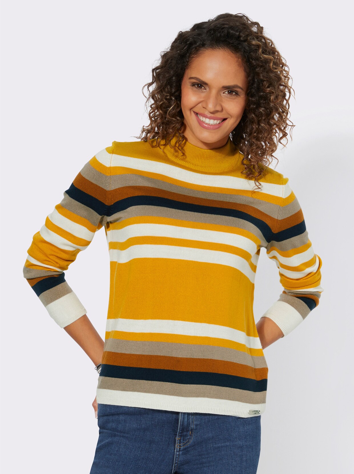 Stehkragen-Pullover - ocker-cognac-geringelt